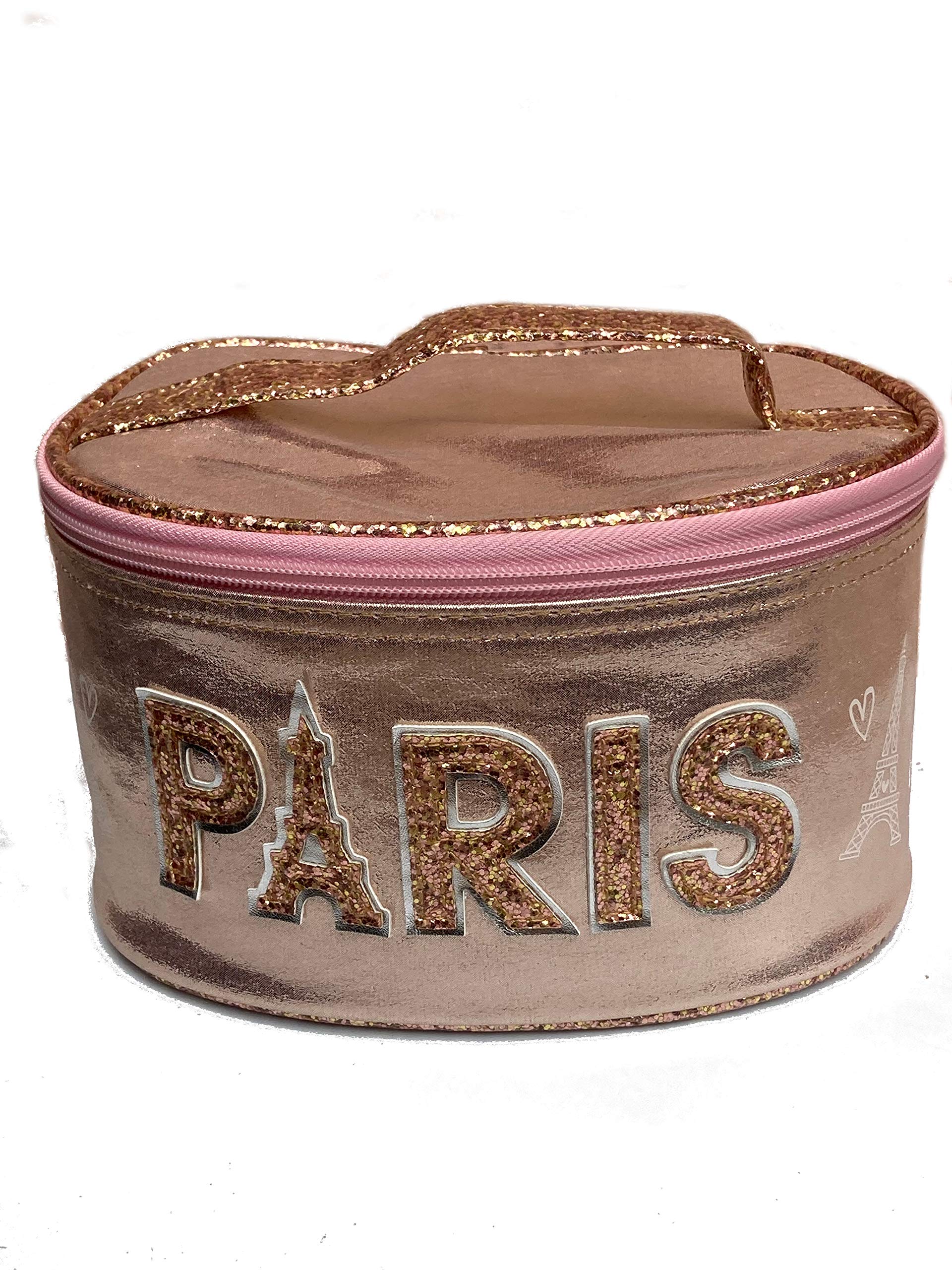 Rose Gold Glitter Paris Train Case - Stylish Makeup Organizer for Travel, Bridal, and Daily Beauty Essentials