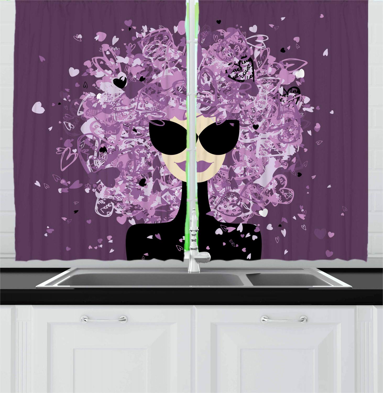 Ambesonne Fashion Kitchen Curtains - Bohemian Woman Portrait with Hearts Design, 2 Panel Window Drapes Set for Kitchen & Cafe Decor, 55 x 39 Inches, Eggplant Black & Lilac - Perfect for Boho Home Decor, Apartment Living Room & Coffee Shop Aesthetic