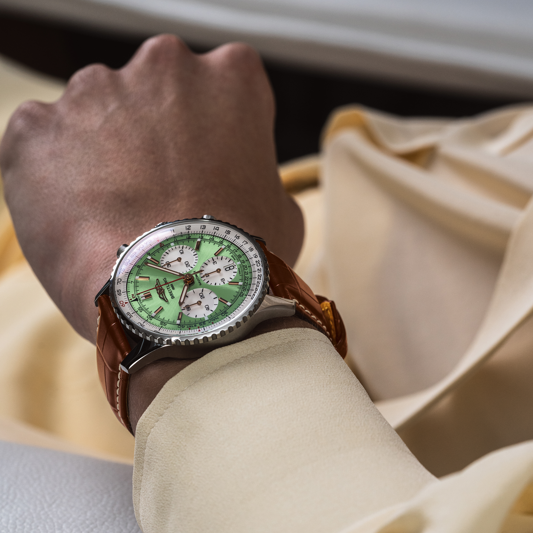 Breitling Navitimer B01 Chronograph 41mm Mint Green Leather Strap Watch - Luxury Pilot's Timepiece for Aviation & Business Professionals