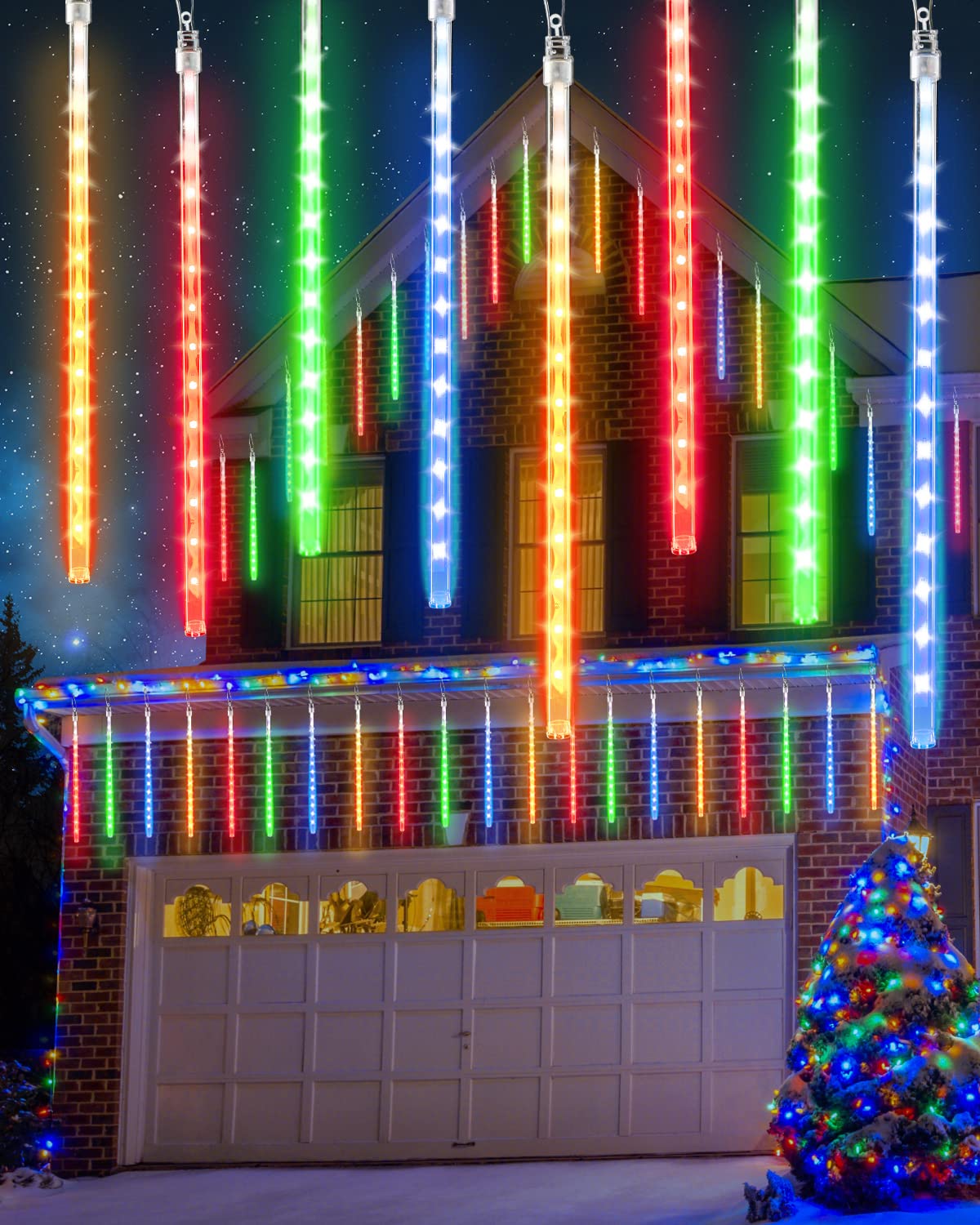 480 LED Multicolor Meteor Shower Icicle Lights - 20 Tube Cascading Raindrop Lights with Timer | Waterproof Outdoor Christmas Decorations for Holiday Party, Garden, Patio, and Roof Decor