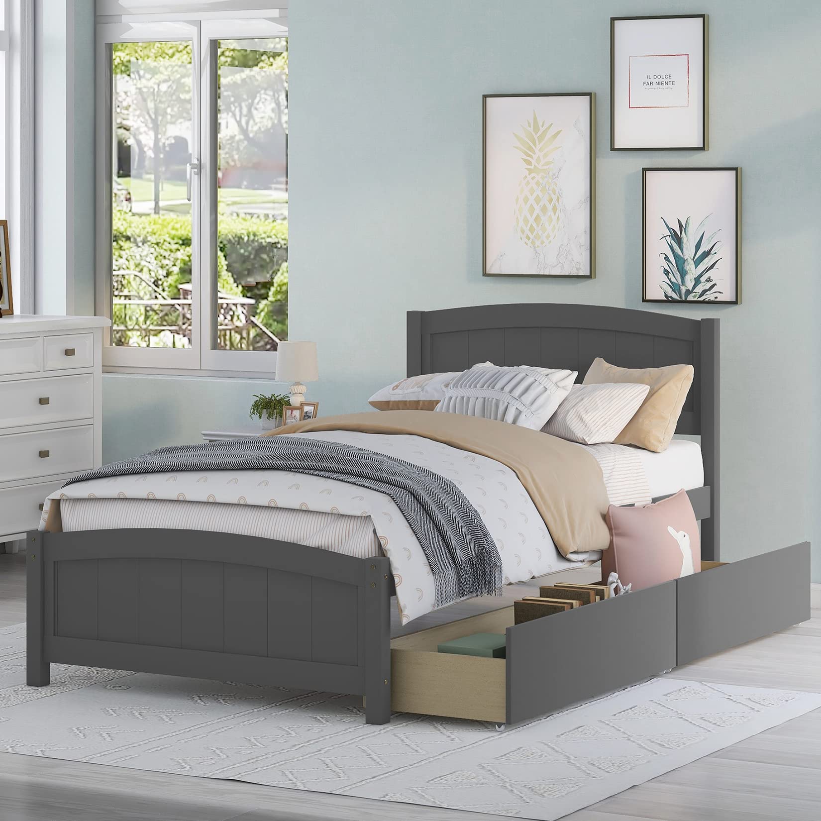 Harper & Bright Designs Twin Bed Frame with 2 Drawers - Solid Wood Platform Bed with Headboard & Footboard, Wood Slat Support - Grey - Perfect for Kids Room, Guest Bedroom & Small Spaces