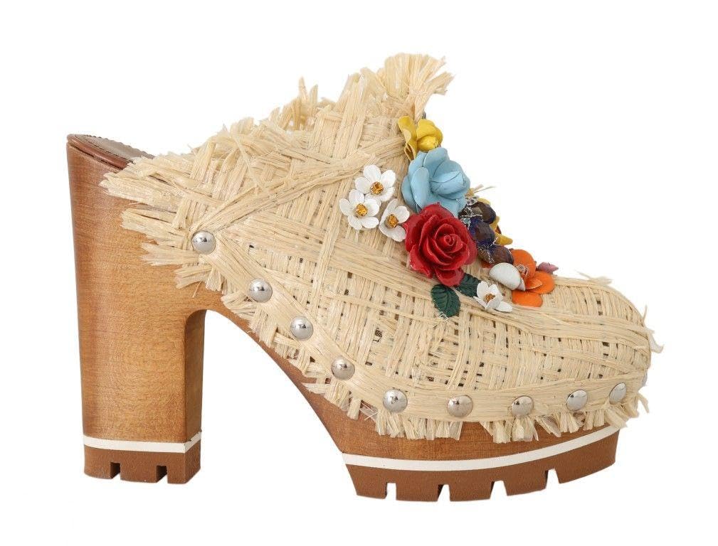 Dolce & Gabbana Women's Beige Raffia Mules with Floral Design - Comfortable Summer Slide Sandals for Beach, Poolside & Casual Outings