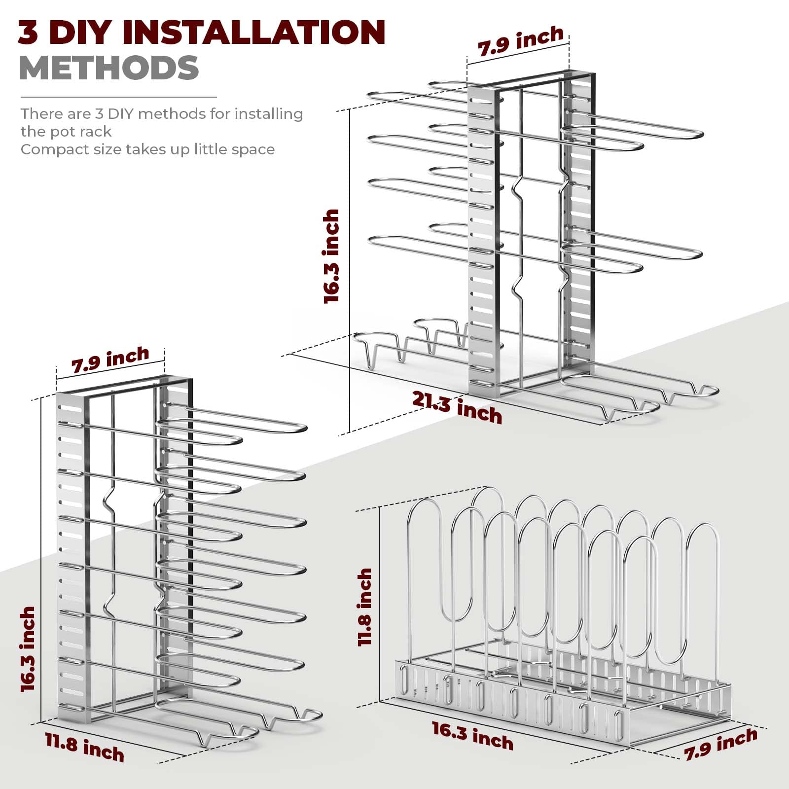 Vdomus Adjustable Pot Rack Organizer - 3 DIY Methods for Kitchen Cabinet Storage, Space-Saving Pan and Lid Holder for 8+ Pots & Pans (Silver) - Perfect for Small Kitchens, Apartment Cooking & Cabinet Organization