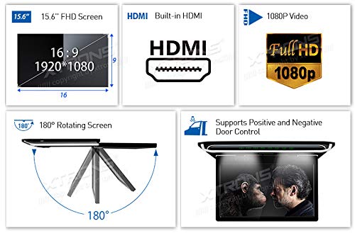XTRONS® 15.6 Inch Ultra-Thin FHD 1080P Car Overhead Monitor with HDMI Port & IR Headphones - Roof Mounted TFT Screen for Rear Seat Entertainment in SUVs, Vans and Family Vehicles