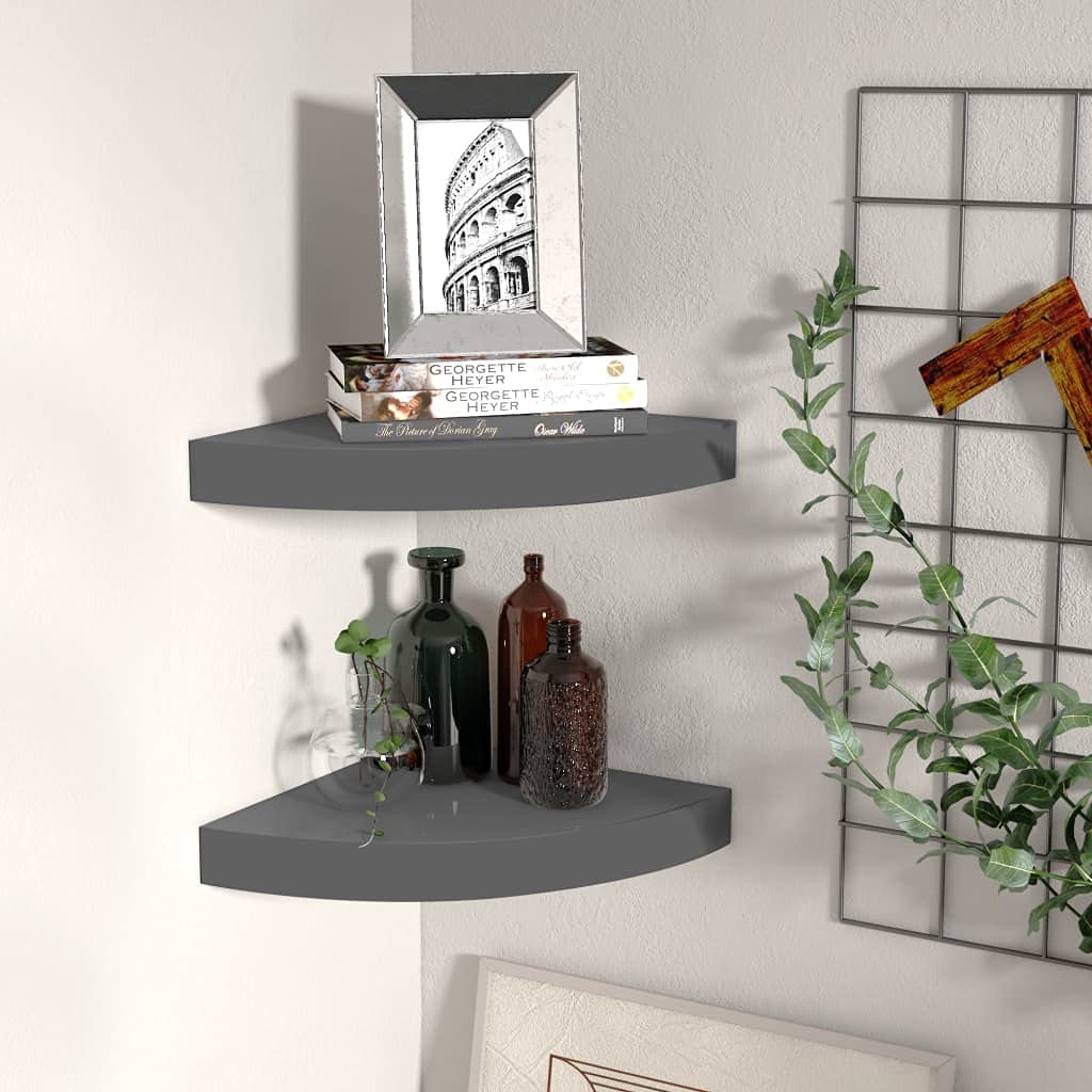 vidaXL Floating Corner Shelves Set of 2 - Wall Mounted Storage Rack, High Gloss Gray MDF (9.8