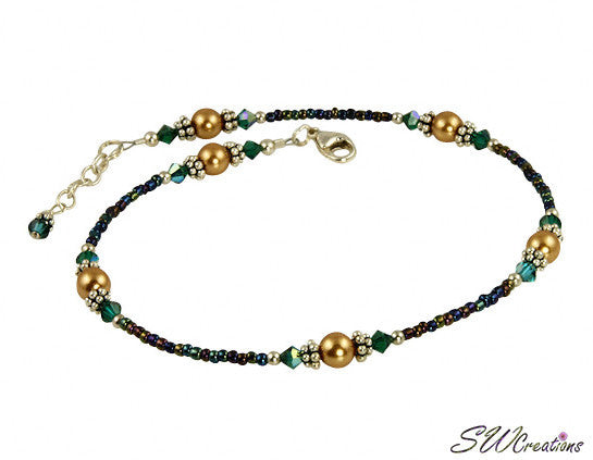 Exquisite Emerald Green & Gold Beaded Anklet - Elegant Handmade Jewelry for Women - Perfect for Beach, Boho & Summer Outfits