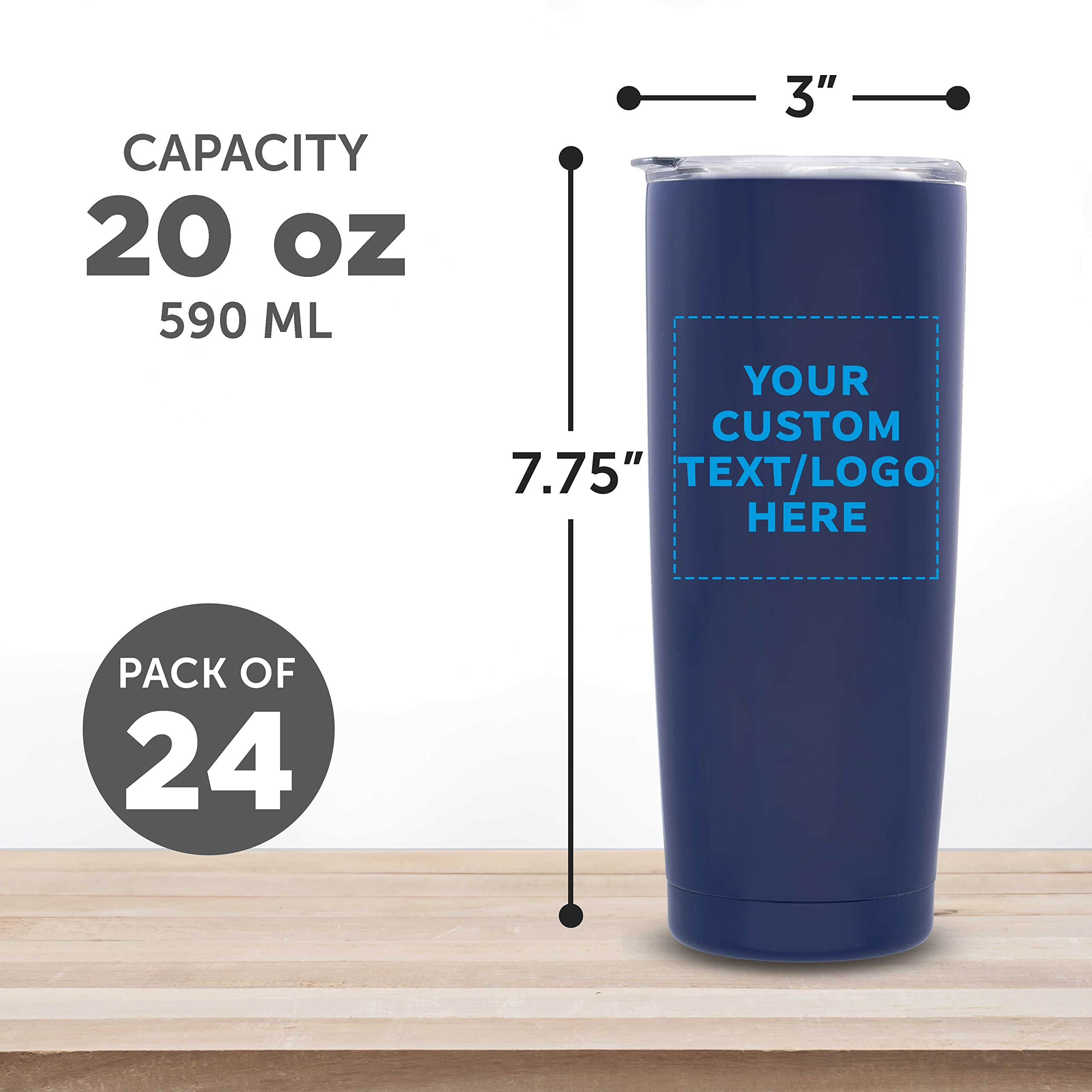 24-Pack Custom Stainless Steel Coffee Tumblers 20oz - Double Wall Insulated Personalized Bulk Coffee Cups - Perfect for Office, Cafes, Gifts & Travel - Blue