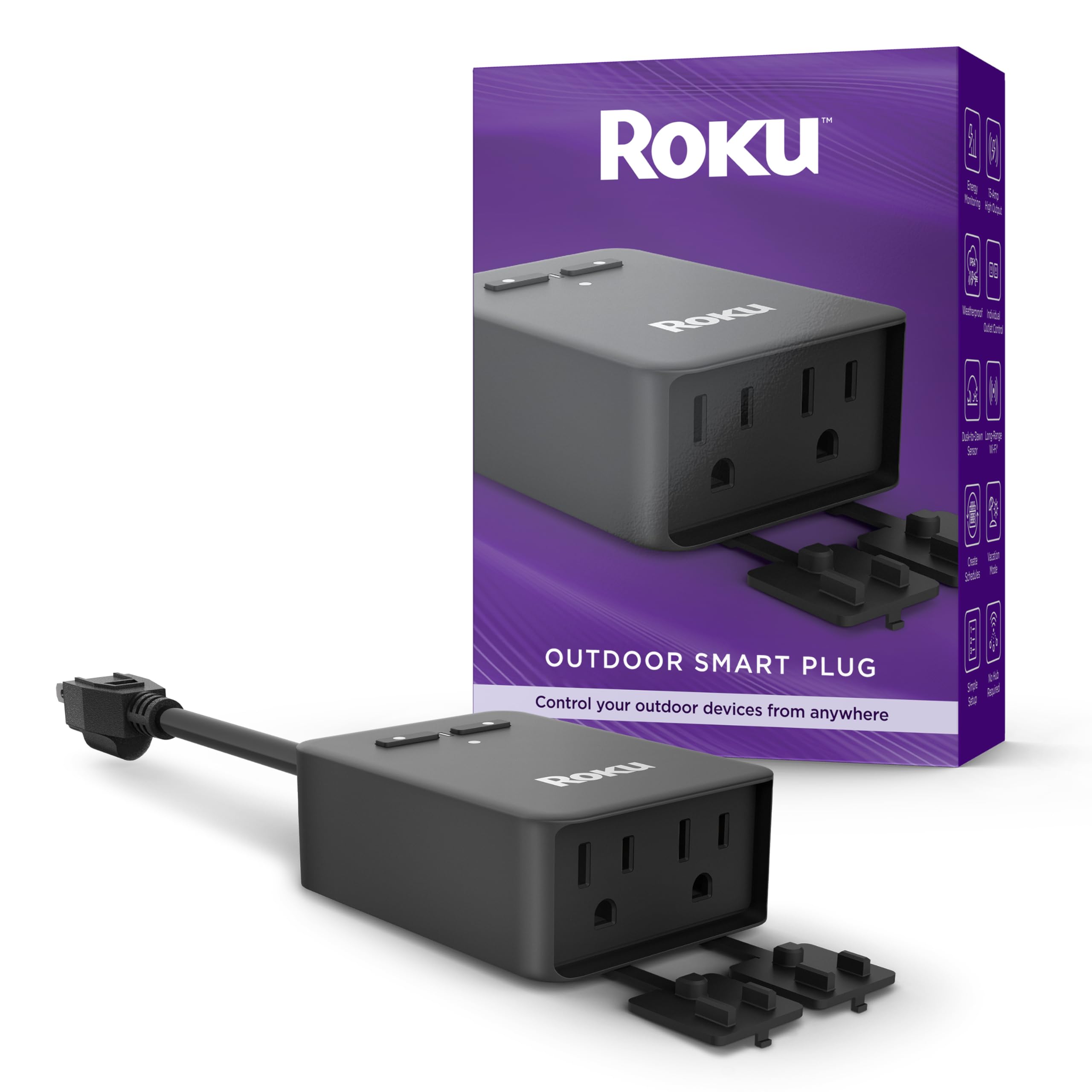 Roku Smart Home Outdoor WiFi Smart Plug - Works with Alexa & Google Assistant, No Hub Required - IP64 Weatherproof - Custom Scheduling & Timer - Ideal for Patio Lights, Holiday Decorations & Outdoor Appliances