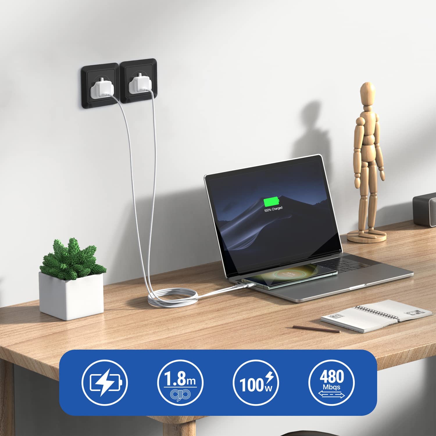 60W USB C to USB C Fast Charging Cable 2-Pack (1M) - Compatible with iPhone 16/15 Series, iPad Pro/Air/Mini & MacBook - Quick Charge for Home, Office & Travel