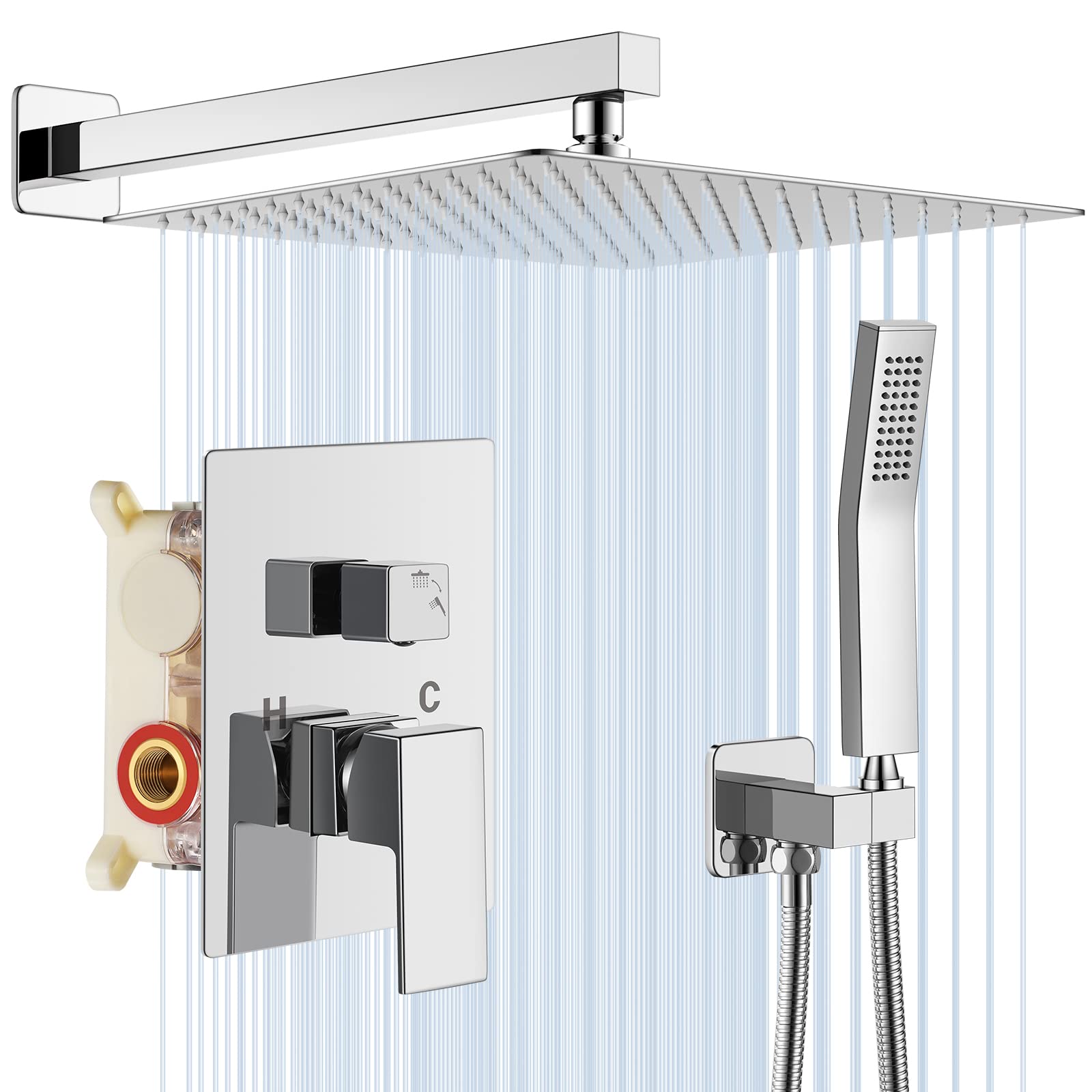 Luxury 12 Inch Chrome Rain Shower Head & Handheld Combo Set - High Pressure Wall Mounted Dual Shower System with Valve Body & Trim - Perfect for Modern Bathroom Renovation & Spa-Like Shower Experience