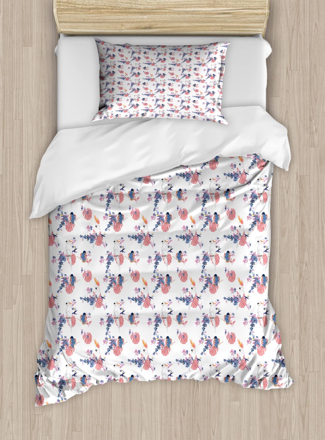 Ambesonne Tropical Birds Duvet Cover Set - Queen Size 2-Pack with 4 Pillowcases, Exotic Floral Design Featuring Monstera Leaves & Animals, Vibrant Multicolor Summer Bedding for Home Decor & Guest Room Styling