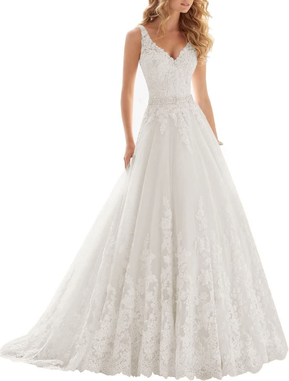 Elegant Tulle Lace Wedding Dress with Long Applique - Romantic A-Line Bridal Gown for 2024 Brides | Perfect for Church Ceremonies, Beach Weddings & Formal Receptions