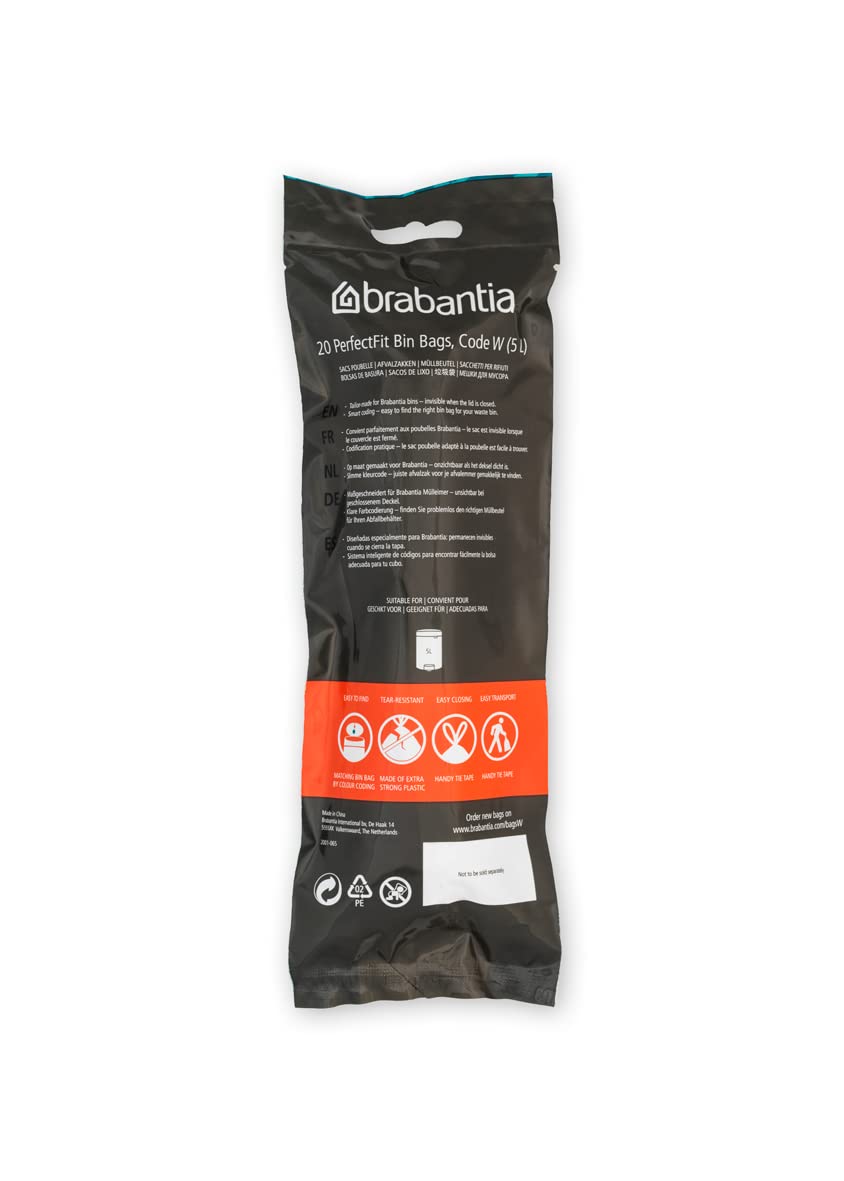 Brabantia PerfectFit Trash Bags 1.3 Gallon - Heavy Duty Drawstring Kitchen Trash Can Liners (200 Count) - Ideal for Small Waste Bins, Bathrooms, Offices & Dorm Rooms