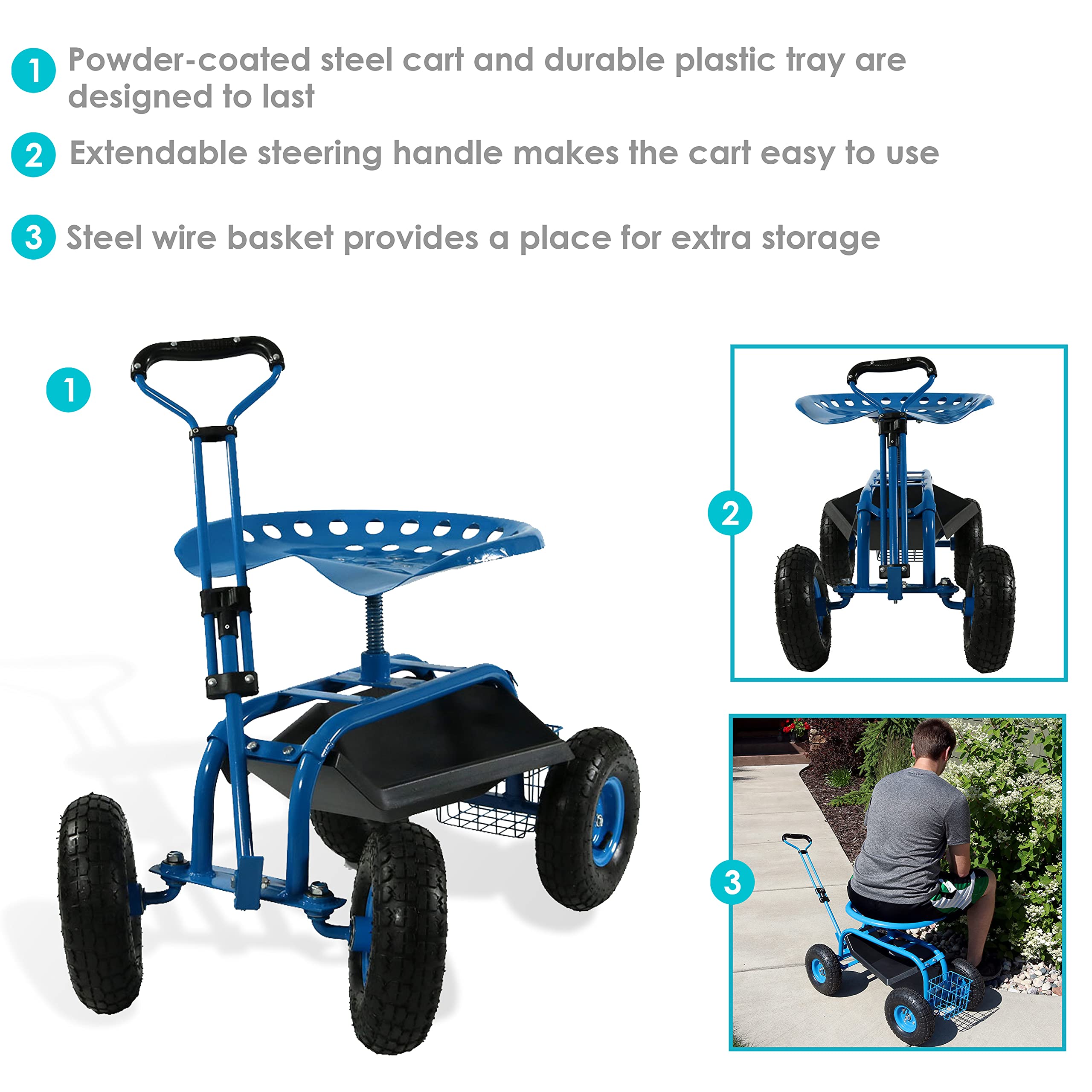 Sunnydaze Heavy Duty Garden Cart with Extendable Handle & Swivel Seat - Utility Rolling Scooter with Storage Basket - Perfect for Yard Work, Gardening & Outdoor Chores - Blue