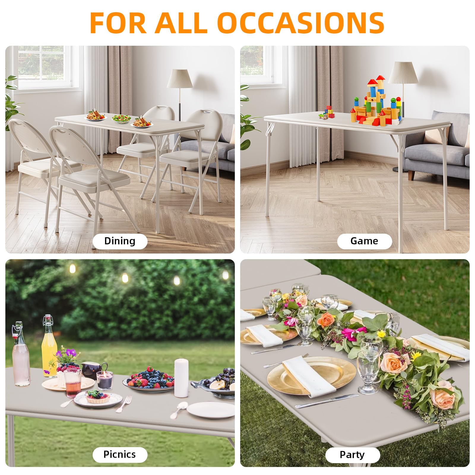 IDEALHOUSE 5-Piece Portable Folding Table and Chairs Set - Foldable Card Table with PU Upholstered Chairs for Dining Room, Living Room, Office, Camping & Outdoor Events (Beige) | Perfect for Game Nights, Picnics, and Small Space Living