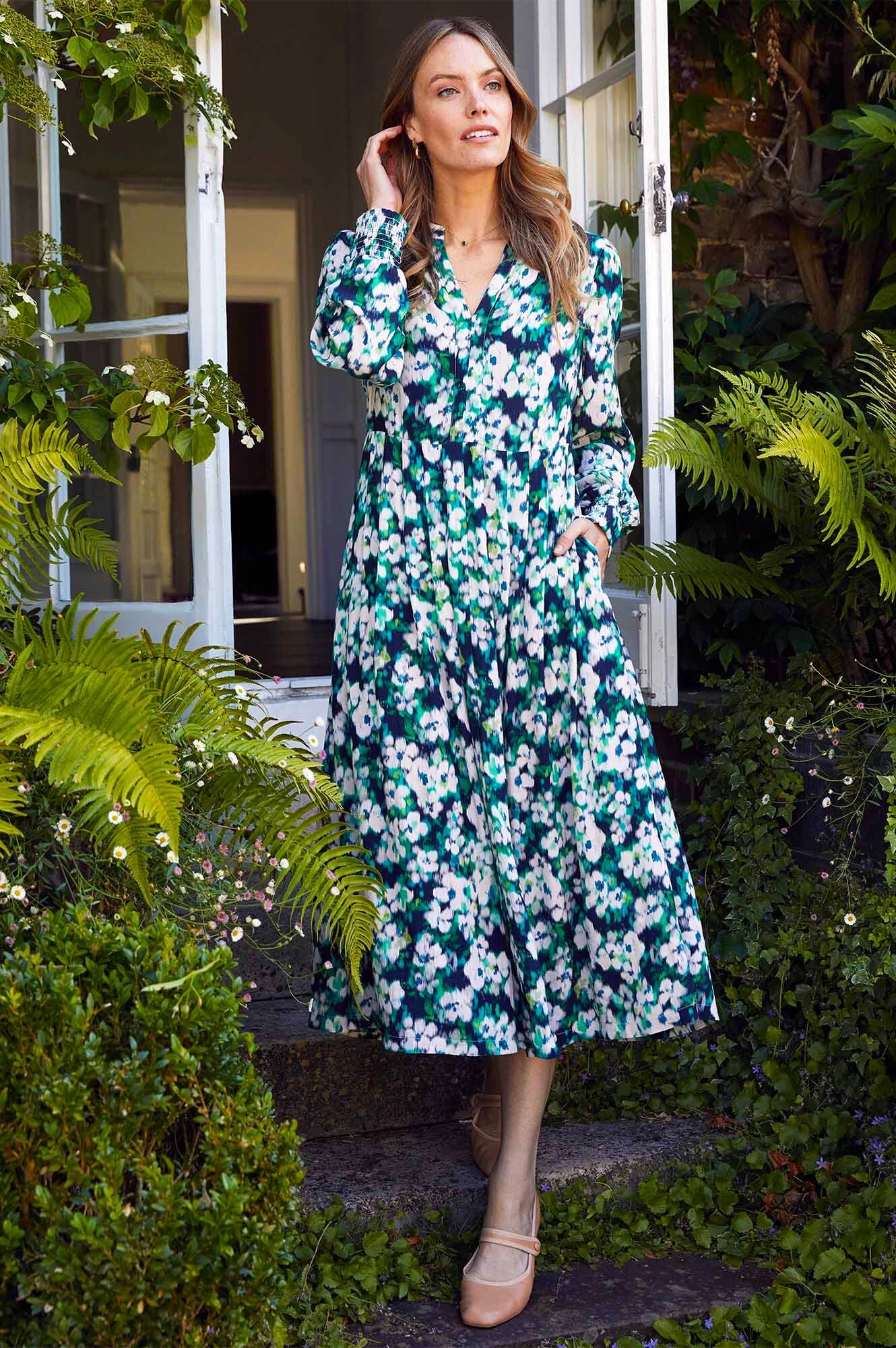 Claudine Floral Print Dress in Navy, Cream & Green - Elegant Women's Summer Dress for Casual Outings, Parties & Beach Vacations