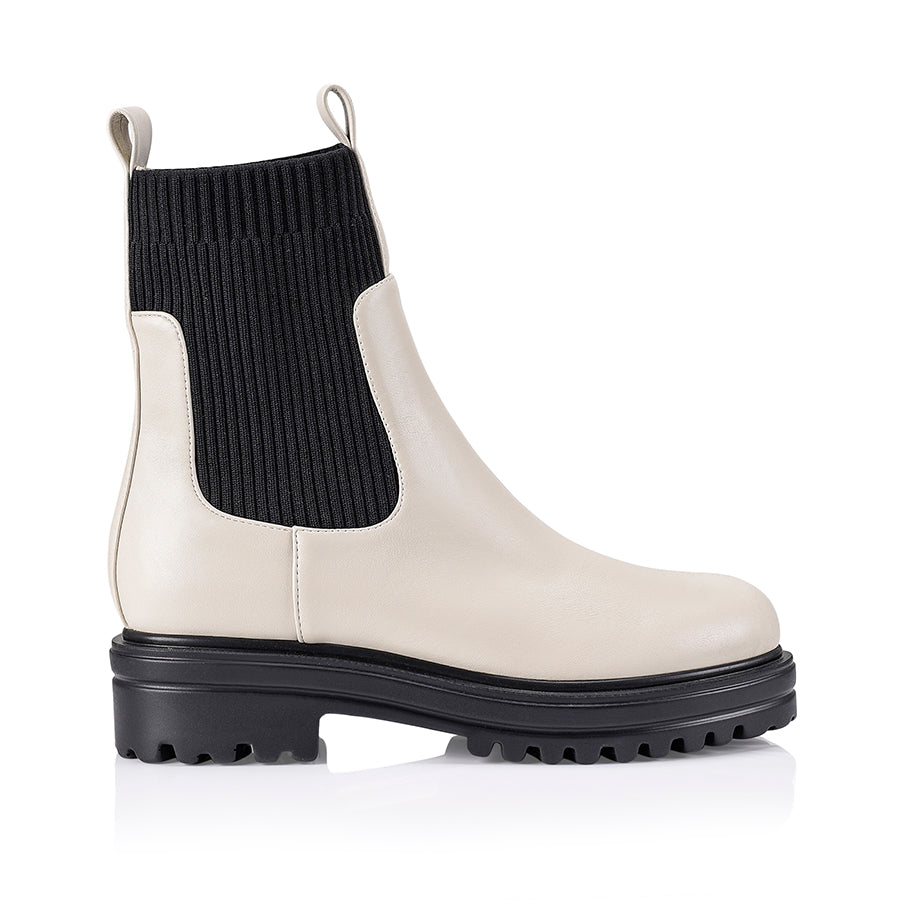 Women's Moses Ankle Boots - Bone Smooth & Black Knit Comfortable Winter Booties for Casual Wear, Office & Date Night