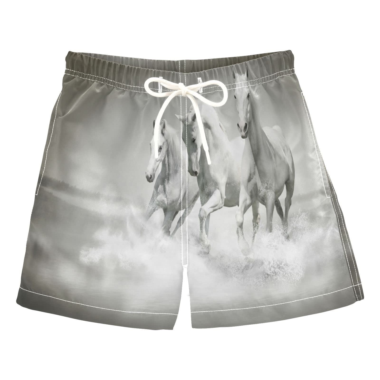 **Boys' White Horse Print Swim Trunks - Quick Dry Board Shorts for Beach, Surf & Swimming - Hawaii Vacation Essentials - Perfect for Pool, Ocean & Summer Water Activities**