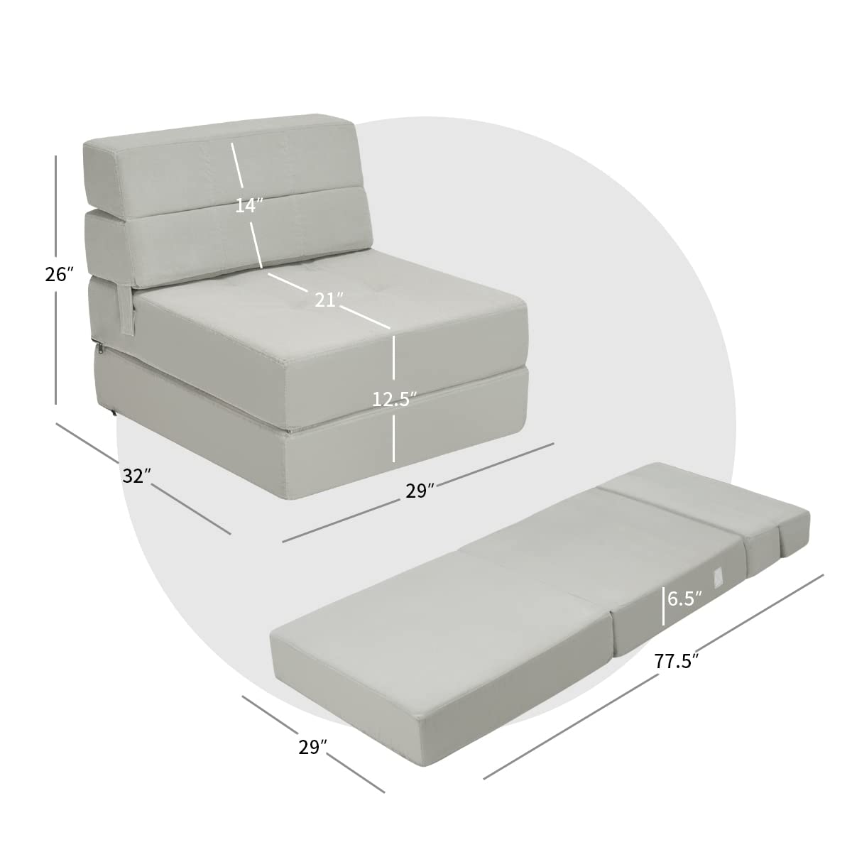Casart Tri-Fold Memory Foam Sofa Bed - Portable Folding Sleeper with Washable Cover, Padded Cushion Guest Chaise Lounge (Gray) - Perfect for Small Spaces, Guest Rooms & Apartments
