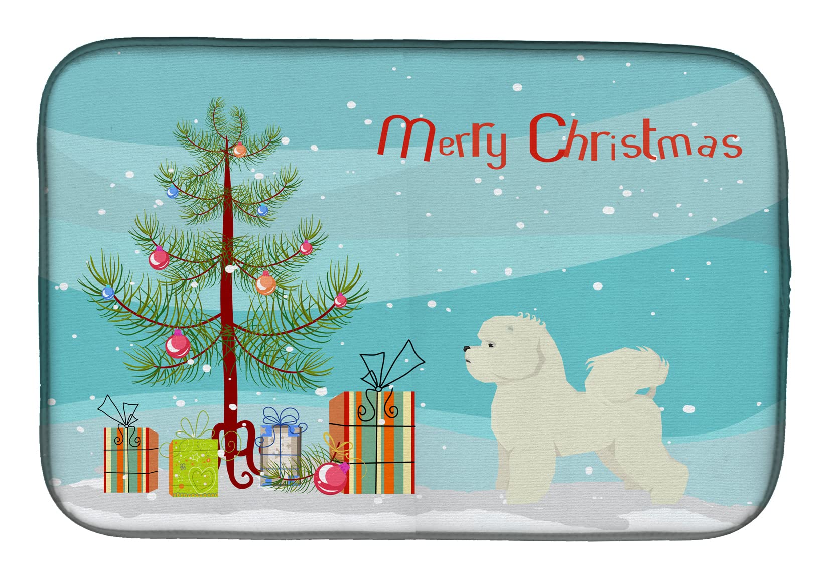 Bichon Frise Christmas Dish Drying Mat - Absorbent Kitchen Counter Mat for Holiday Decor