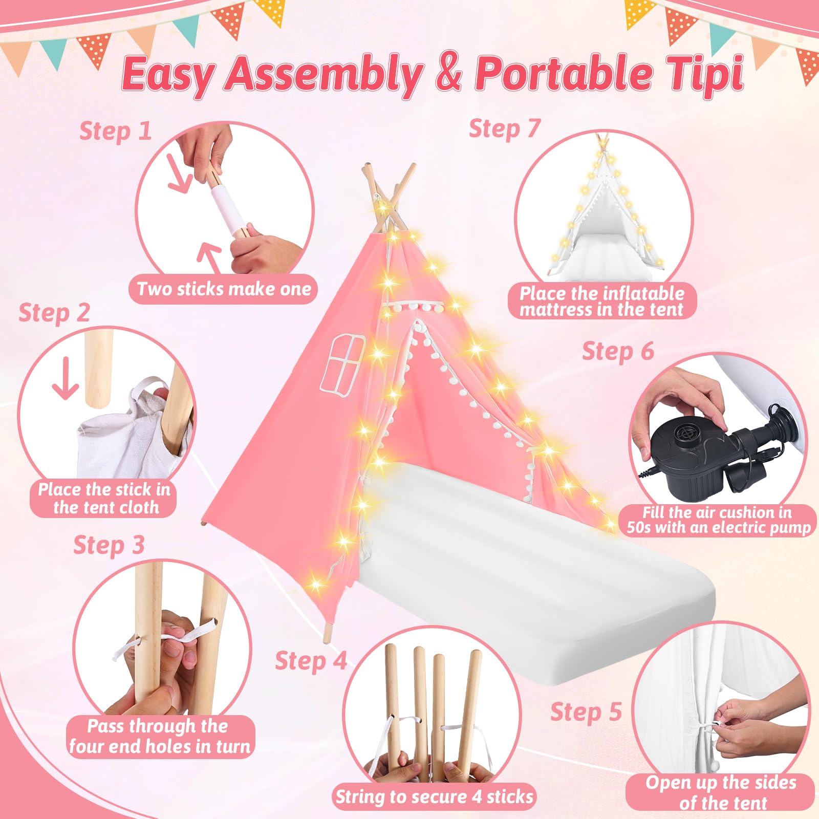 4-Pack Kids Teepee Tents with Inflatable Air Mattress & Fairy Lights - Washable Cotton Play Tent for Boys and Girls Sleepovers, Birthday Parties & Indoor Camping (Pink) - Perfect for Slumber Parties, Playrooms & Backyard Adventures