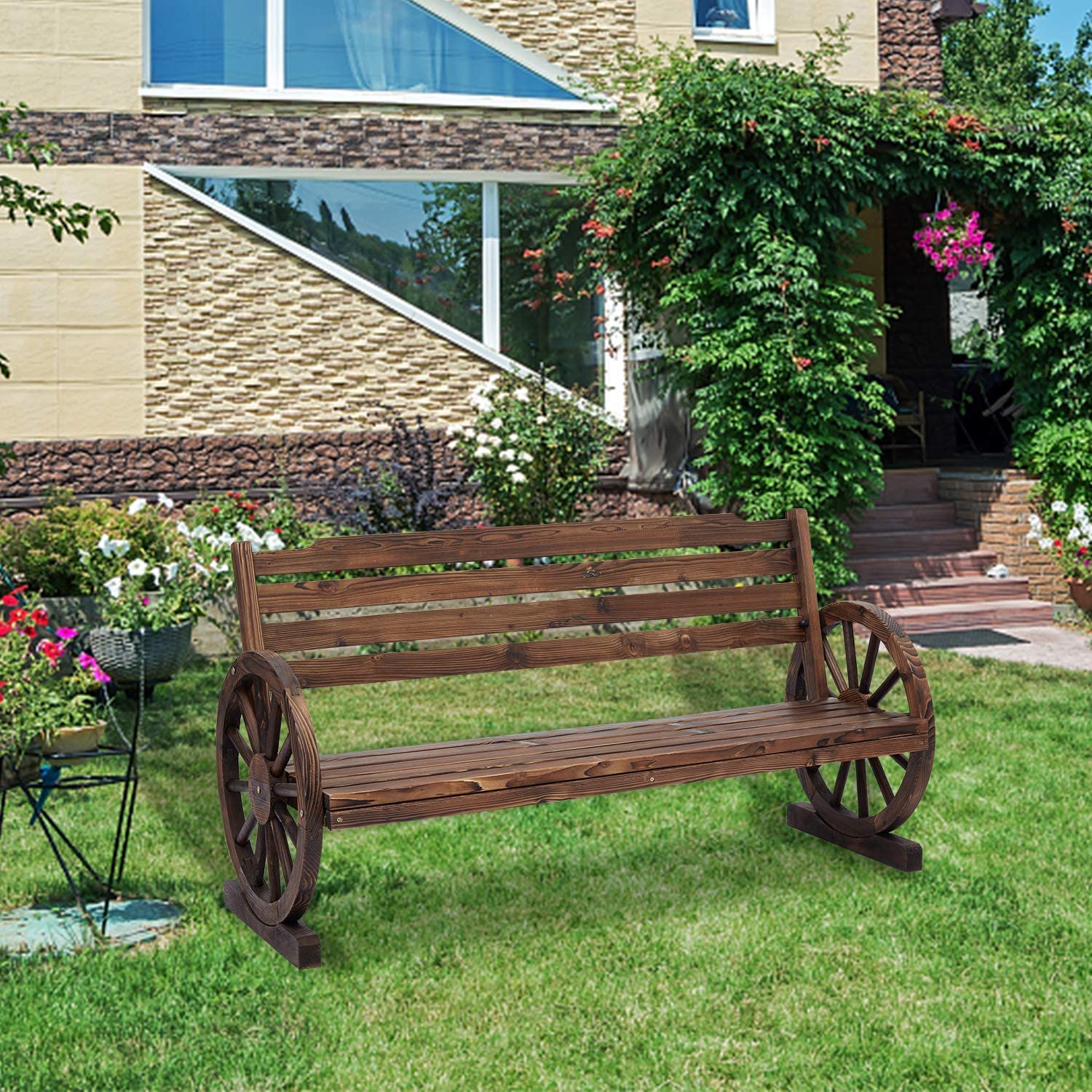 Kinsuite 2-Person Outdoor Wooden Bench - Rustic Wagon Wheel Garden Bench with Slatted Seat & Backrest, Fir Wood Patio Chair for Yard, Garden, and Porch Decor | Perfect for Outdoor Relaxation and Countryside Themed Spaces