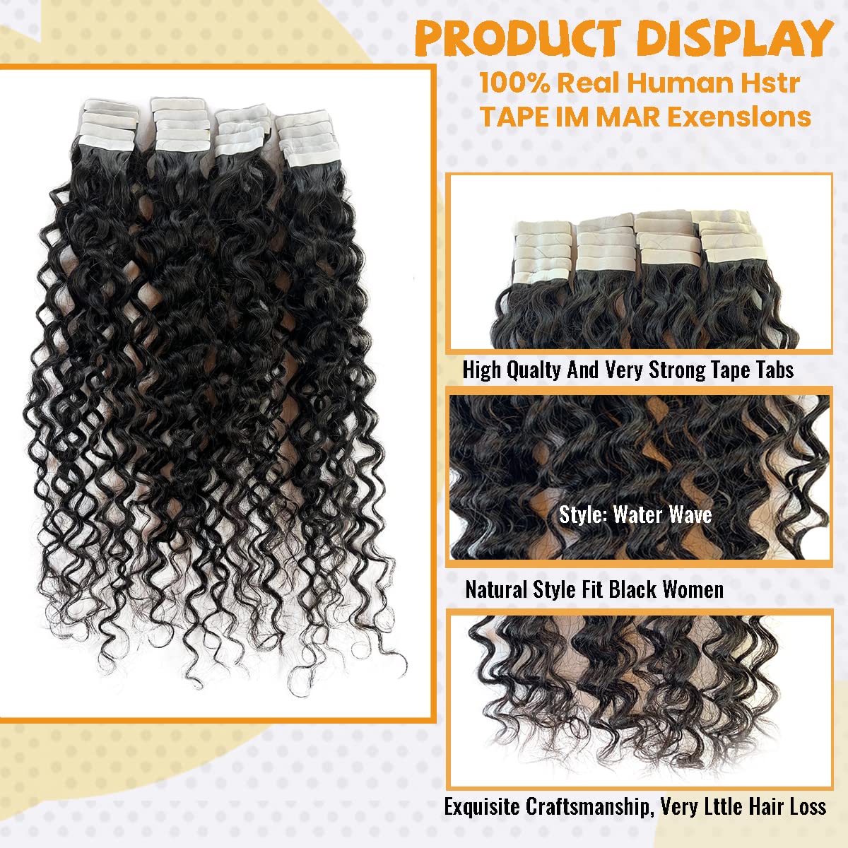 14 Inch Water Wave Tape in Human Hair Extensions - 20PCS Double Sided Loose Curly Brazilian Hair Weft (9A Quality, 50G) for Black Women - Perfect for Daily Styling, Parties & Special Occasions