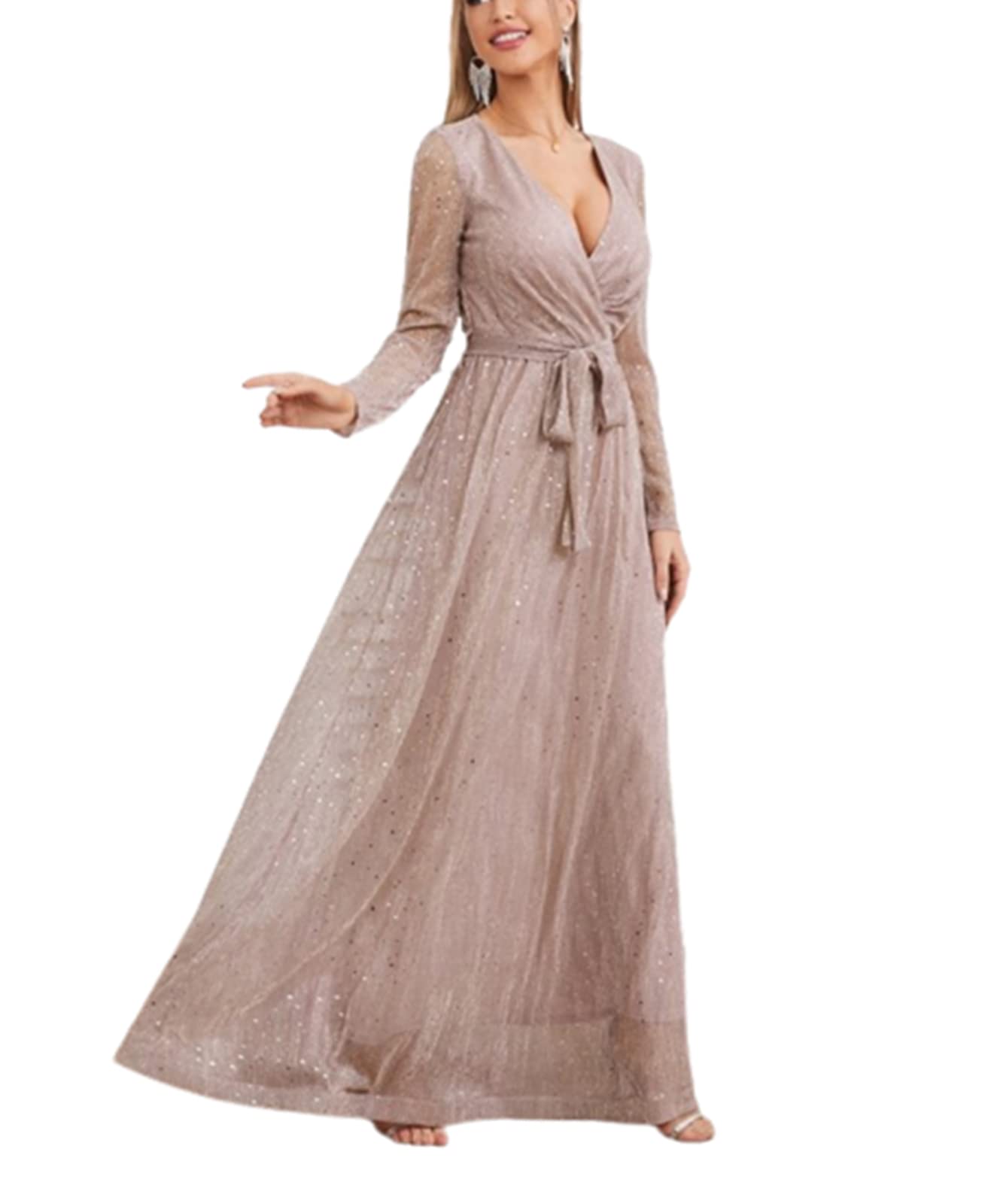 Elegant Long Sleeve Sequin V-Neck A-Line Evening Dress for Women - Perfect for Formal Parties, Prom, Cocktail Events & Special Occasions