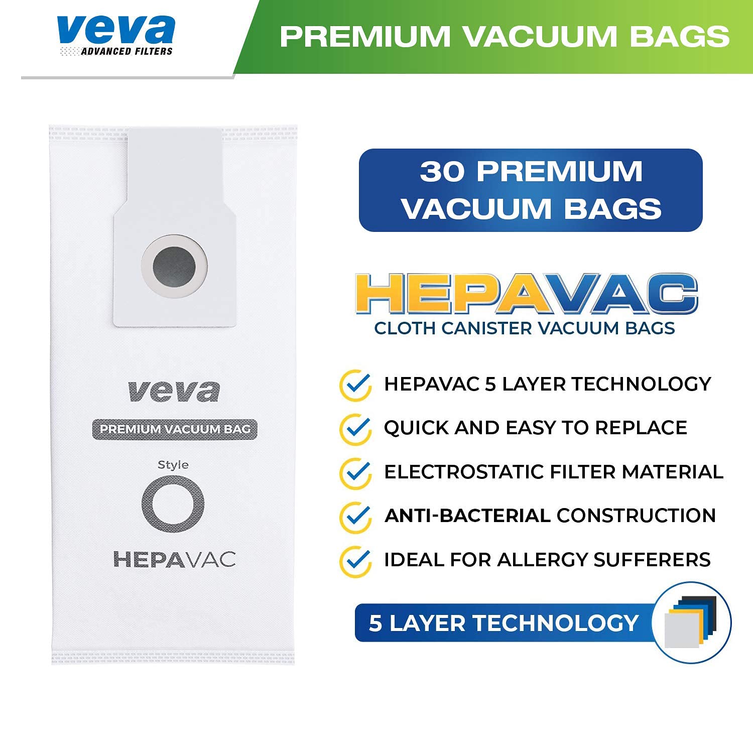 VEVA 30 Pack Premium HEPA Vacuum Bags - Compatible with Kenmore & Sears Upright Vacuum Cleaners (Type O, Part #53293, 53294) - High Efficiency Dust Collection for Allergy Relief & Home Cleaning