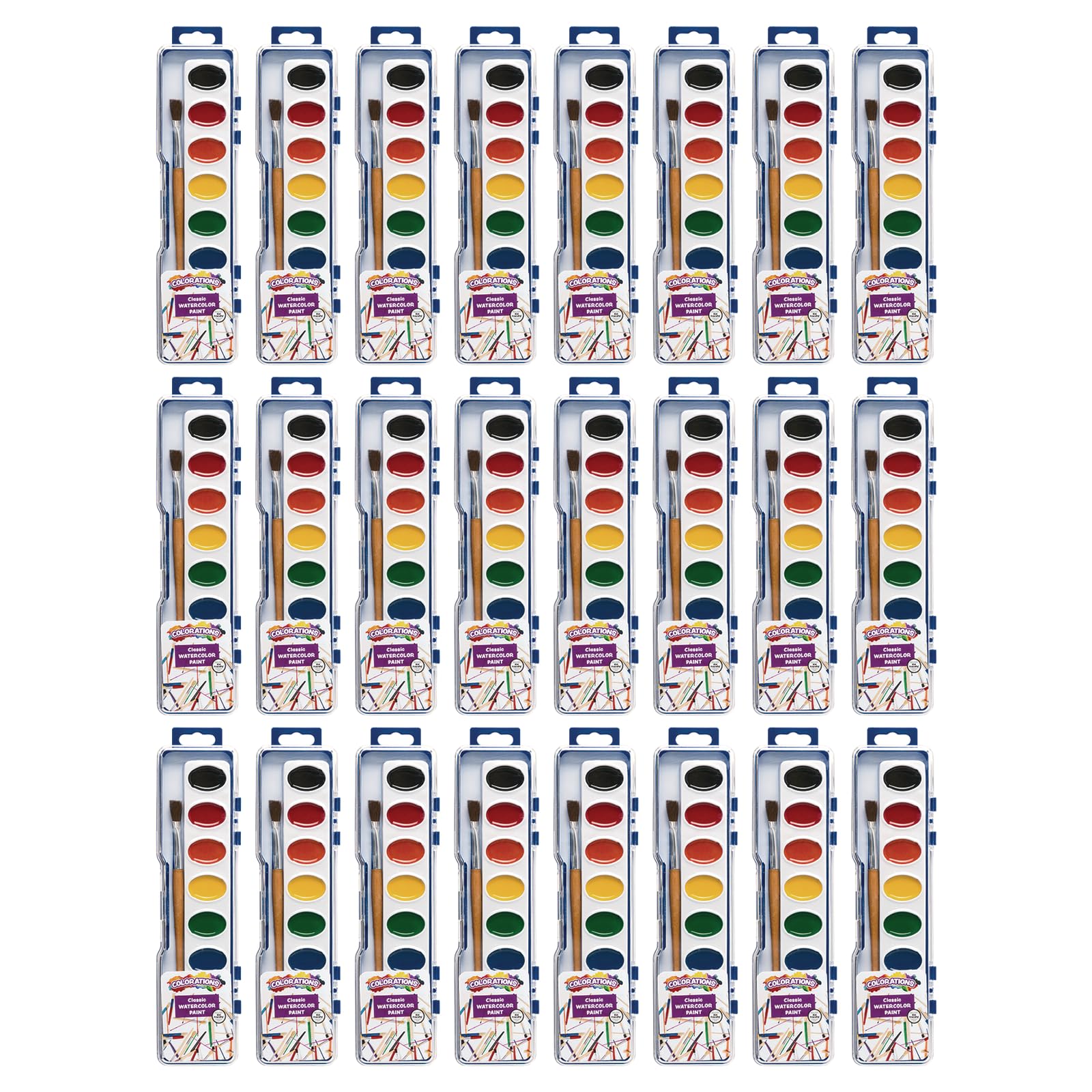 Colorations Watercolor Paints Set - 24 Palettes with 8 Vibrant Colors, Includes Paint Brush, Durable Plastic Tray & Cover | Non-Toxic Kids Art Supplies for Classroom, Home & DIY Projects | Perfect for Children's Painting Activities, School Art Lessons & Creative Play