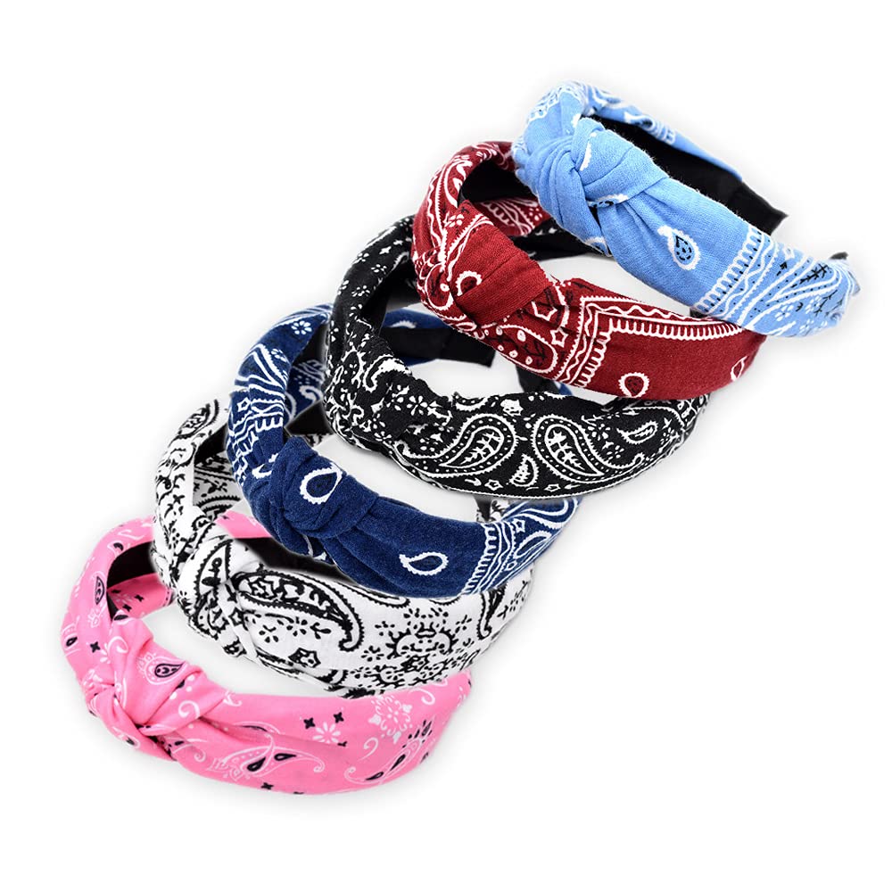 Boho Knotted Headbands for Women - 6PCS Thick Elastic Hair Bands with Print Cross Knot Design | Yoga, Outdoor Exercise & Fashion Hair Accessories (Hoopcashew4) - Perfect for Workouts, Running, Beach and Casual Wear