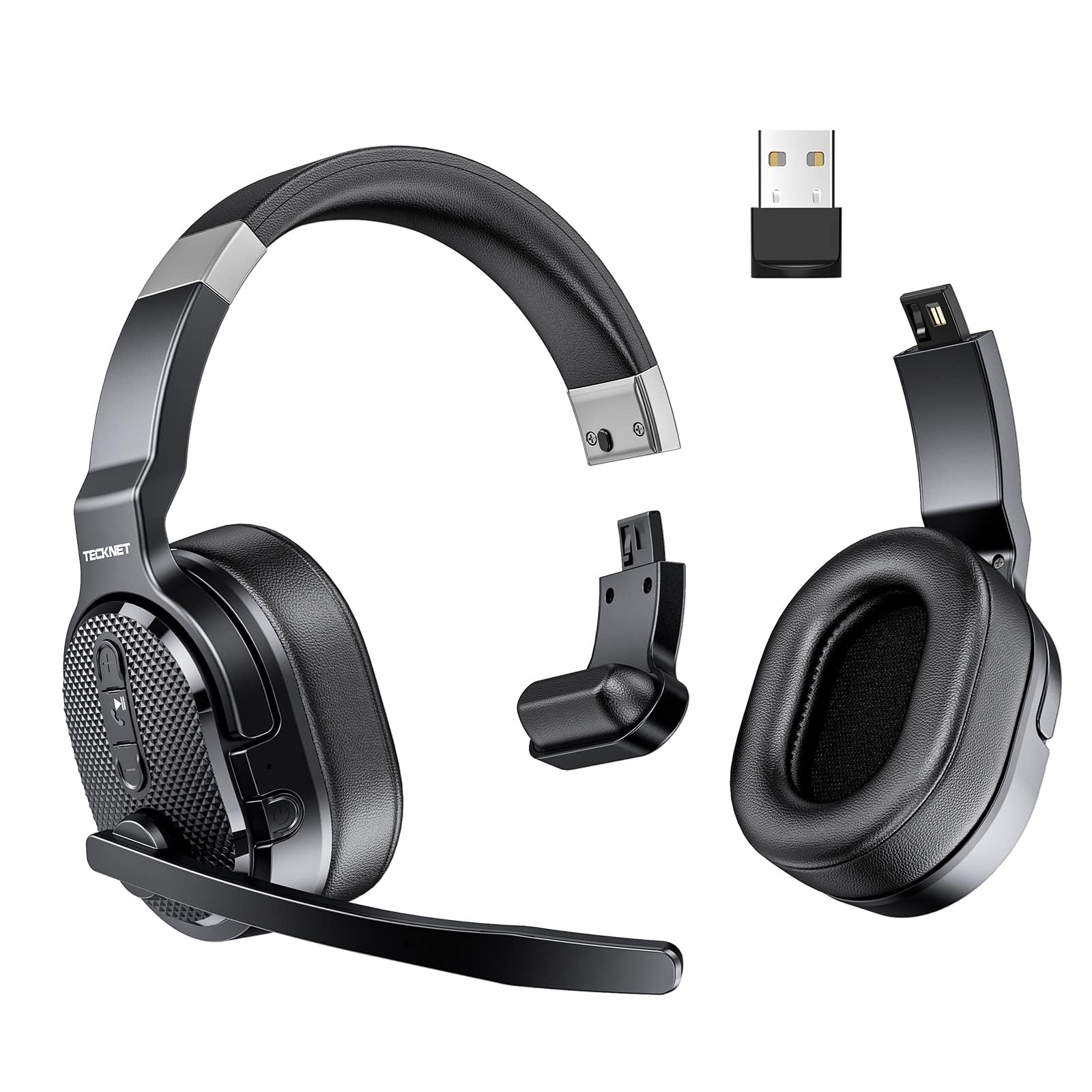 TECKNET Wireless Headset with Noise Cancelling Microphone - Bluetooth Trucker Headphones with 3 EQ Modes, Single/Dual Ear Design for Truck Drivers, Office, Call Center & Remote Work | Perfect for Long Hauls, Customer Service & Home Office Use