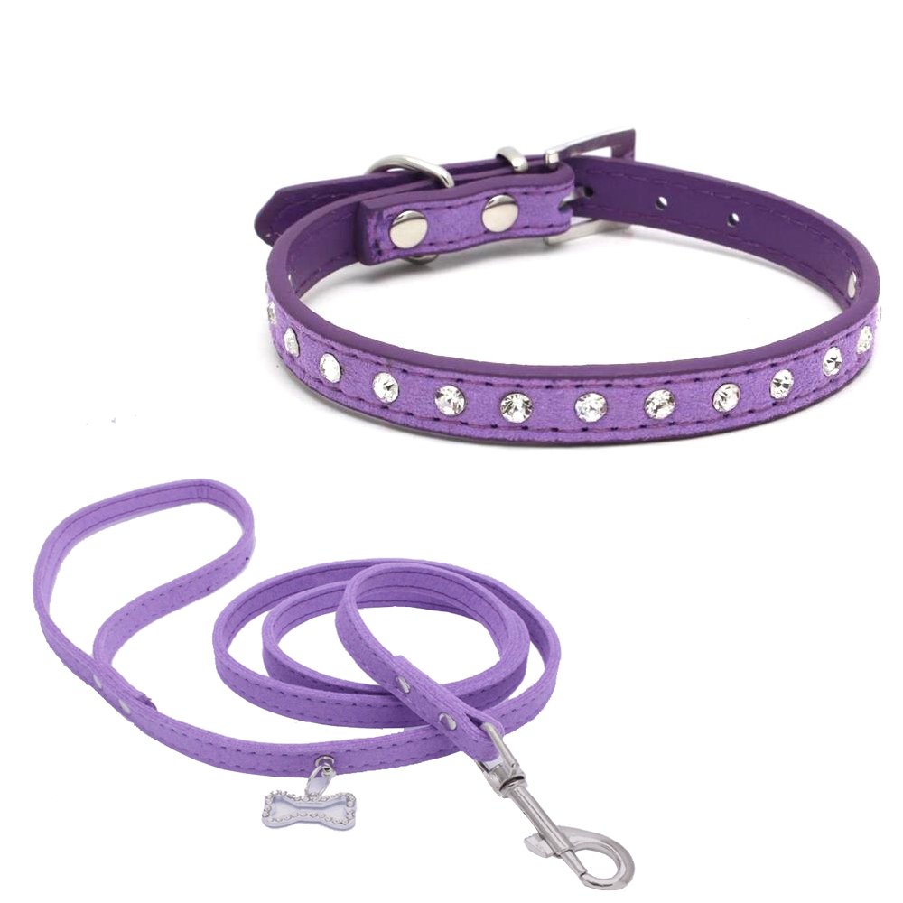 Sparkly Rhinestone Studded Leather Dog Collar & Leash Set with Suede Skin - 10