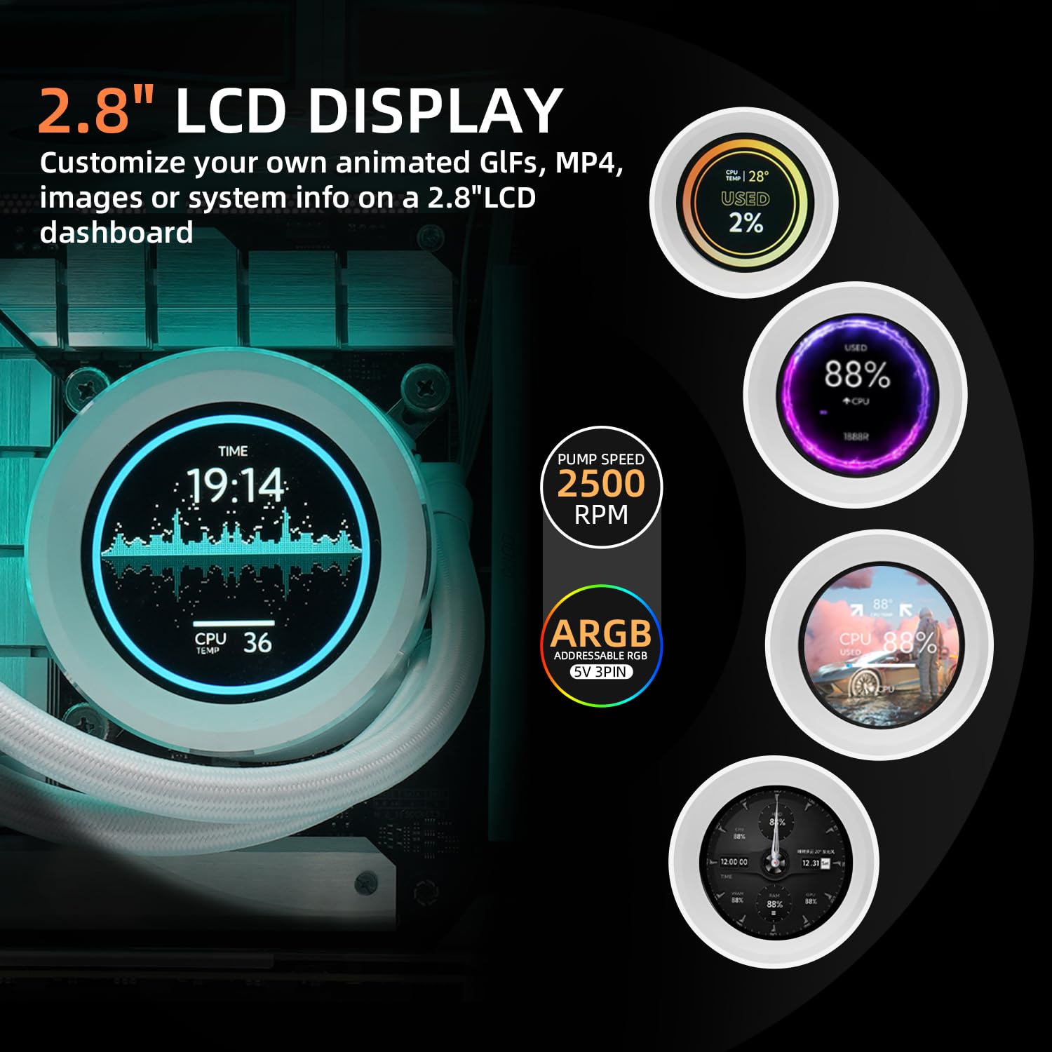 SAMA SM360 PRO White 360mm ARGB AIO Liquid CPU Cooler with 2.8-inch LCD Temperature Display & PWM Silent Fans - High Performance Cooling for Gaming PC, Workstation, and Overclocking