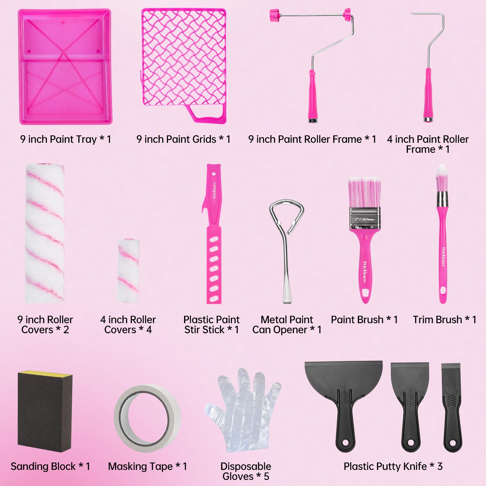 Premium Paint Roller Kit - 24PCS Pink Painting Supplies Set with 4 & 9 Inch Roller Frames, Covers, Brushes & Tray for Interior Walls - Perfect for Home DIY Projects & Professional Wall Painting