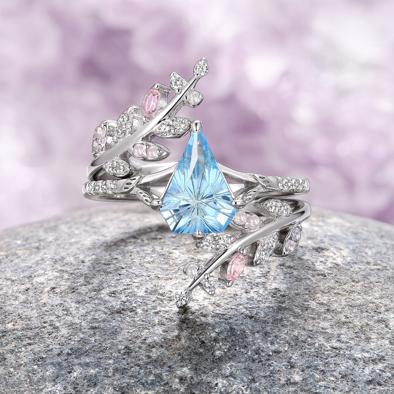 Fantasy Shield Cut Aquamarine & Rose Quartz Sterling Silver Ring Set - Elegant Jewelry for Women, Perfect Gift for Birthday, Anniversary & Valentine's Day