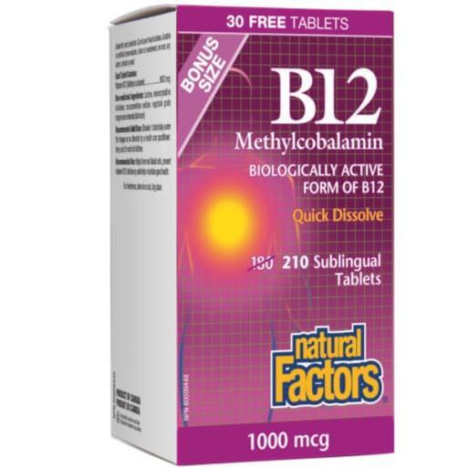 Natural Factors Vitamin B12 Methylcobalamin 1000mcg Supplement - 210 Tablets (180+30 Bonus) for Energy Boost & Nervous System Support - Perfect for Vegan, Vegetarian & Active Lifestyles