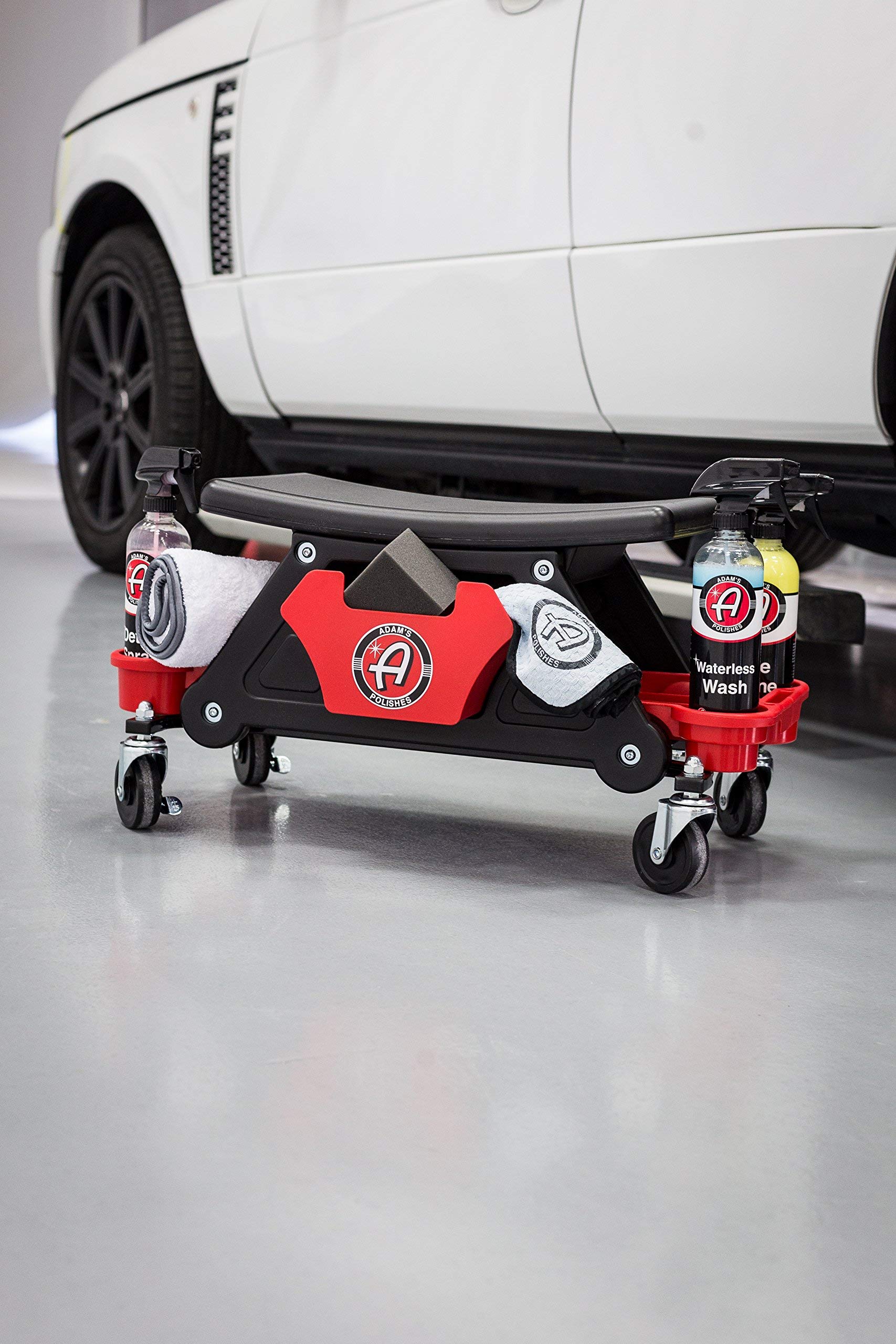 Adam's Polishes Mobile Rolling Utility Creeper Seat for Mechanics & Detailers - Heavy Duty Adjustable Stool with Storage Trays for Tools - Perfect for Auto Repair Shops & DIY Garages