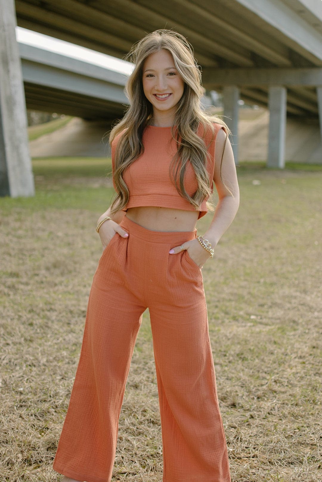 Premium Rust Linen High Waist Pants Set - Comfortable & Breathable Women's Loungewear for Summer, Travel, and Casual Outfits