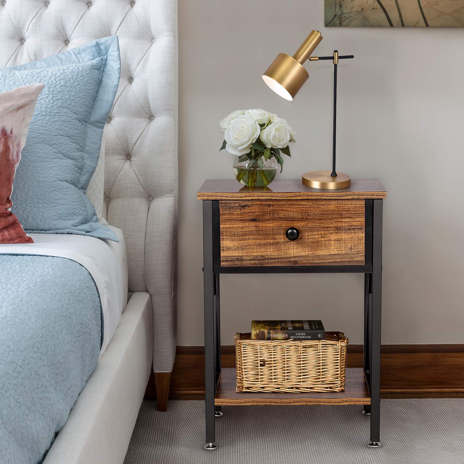 VECELO Nightstand Set of 2 - Modern Bedside Tables with Drawer & Storage Shelf, Industrial Metal Frame End Tables for Bedroom, Living Room | Perfect for Small Spaces, Apartment Decor & Guest Room Furniture