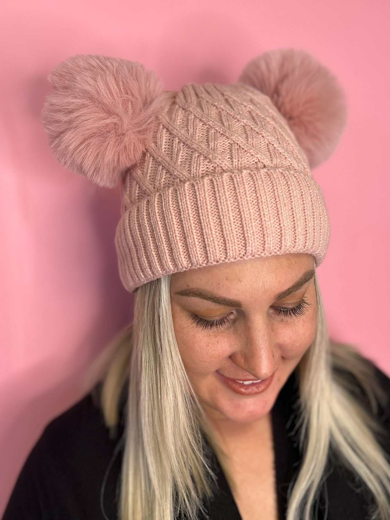 Maeve Light Pink Pom Pom Beanie - Soft Winter Knit Hat for Women - Perfect for Cold Weather & Outdoor Activities