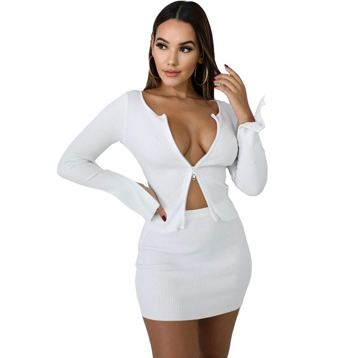BYDIVA Women's Ribbed Two-Piece Outfit - Two-Way Zipper Tops & Skirt Set | Trendy Casual Wear for Outings, Dates & Office