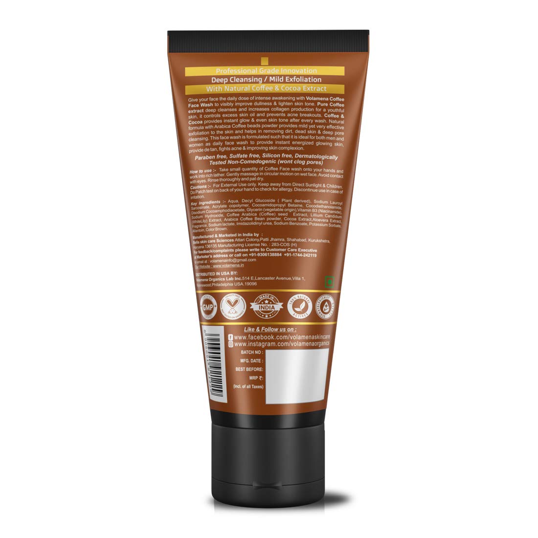 Volamena Natural Arabica Coffee & Cocoa Face Wash - Energizing Skin Cleanser 100ml for Glowing Skin - Perfect for Morning Routine & Revitalizing Tired Skin