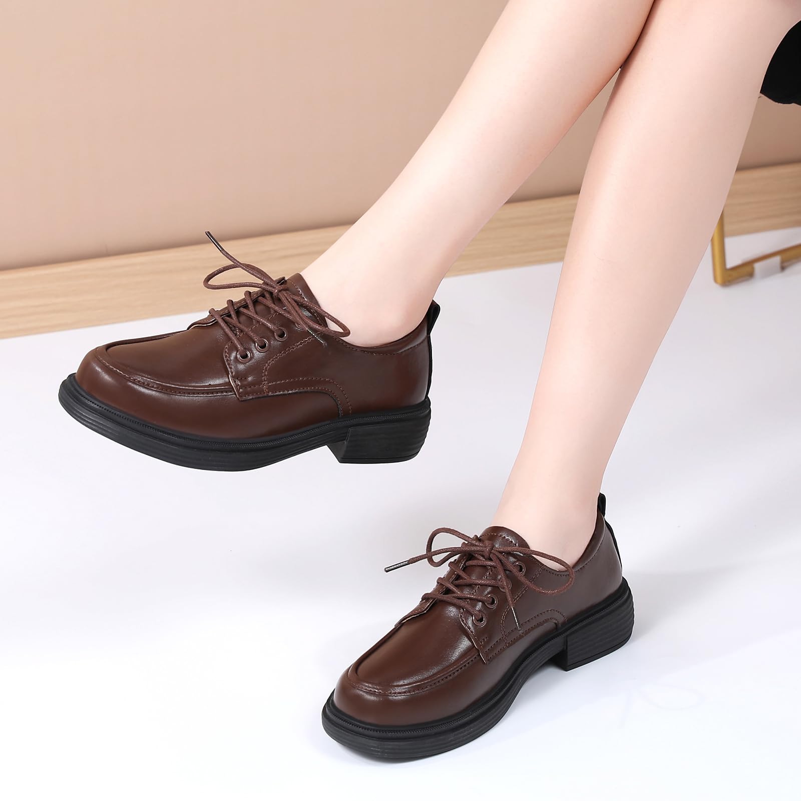 Women's Leather Oxford Shoes - Classic Lace-Up Round Toe Flat for Business Casual & Office Wear | Non-Slip Comfortable Dressy Shoes for Work & Professional Occasions