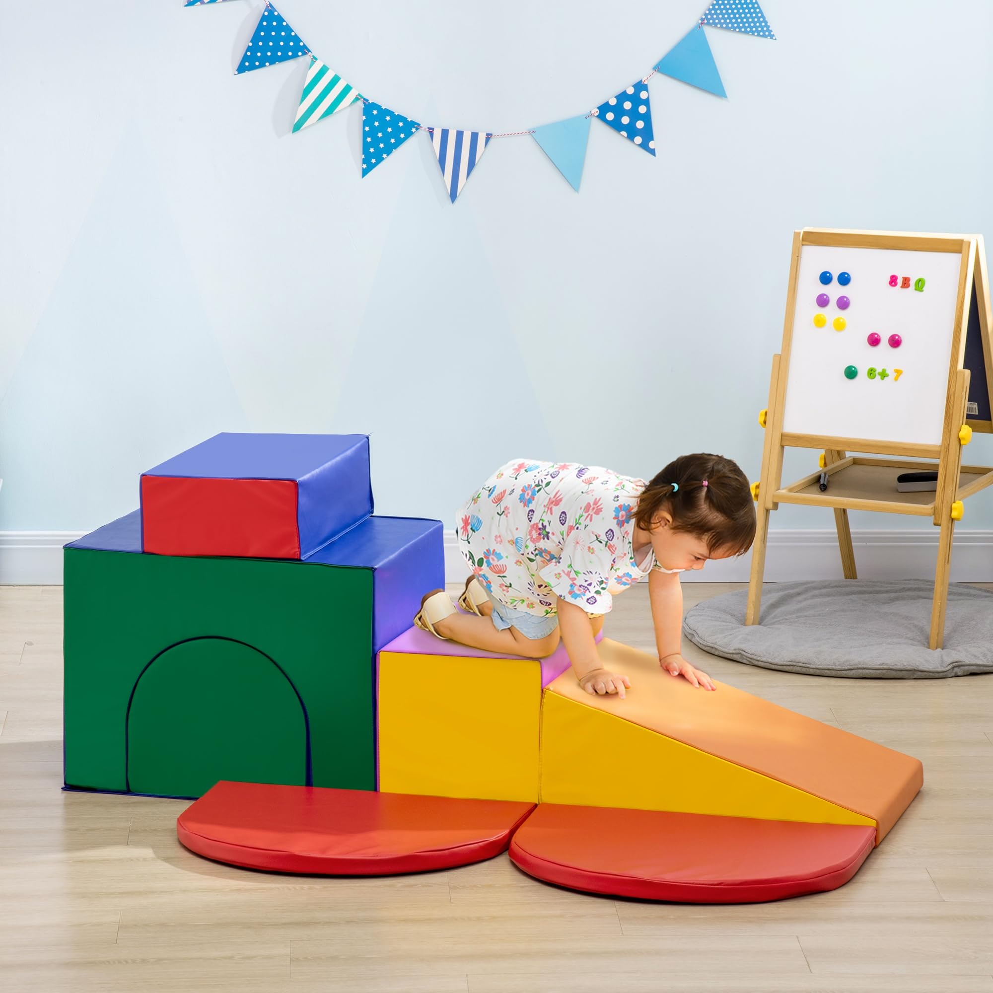 Qaba 7-Piece Baby Soft Play Equipment Set - Safe Toddler Climbing Toy for Indoor Play, Crawling & Shape Discovery - Easy-to-Clean Foam Blocks for Home Daycare & Playroom (Grey/Blue) - Perfect for Early Childhood Development & Motor Skills