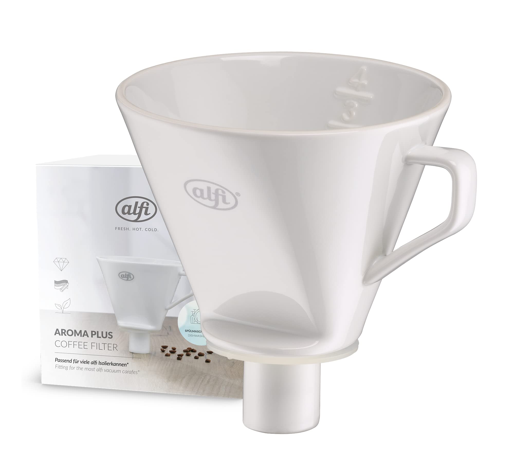 Alfi AROMA PLUS Porcelain Coffee Filter for Size 4 Paper - Reusable Permanent Filter with Spout for Direct Brewing into Insulated Carafe - Perfect for Home, Office & Specialty Coffee Shops