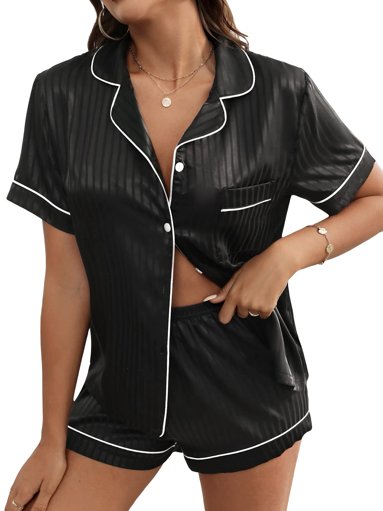 Verdusa Women's Striped Satin Pajama Set - Short Sleeve Shirt & Shorts Sleepwear for Comfortable Nights | Perfect for Lounging, Sleepovers & Relaxing at Home