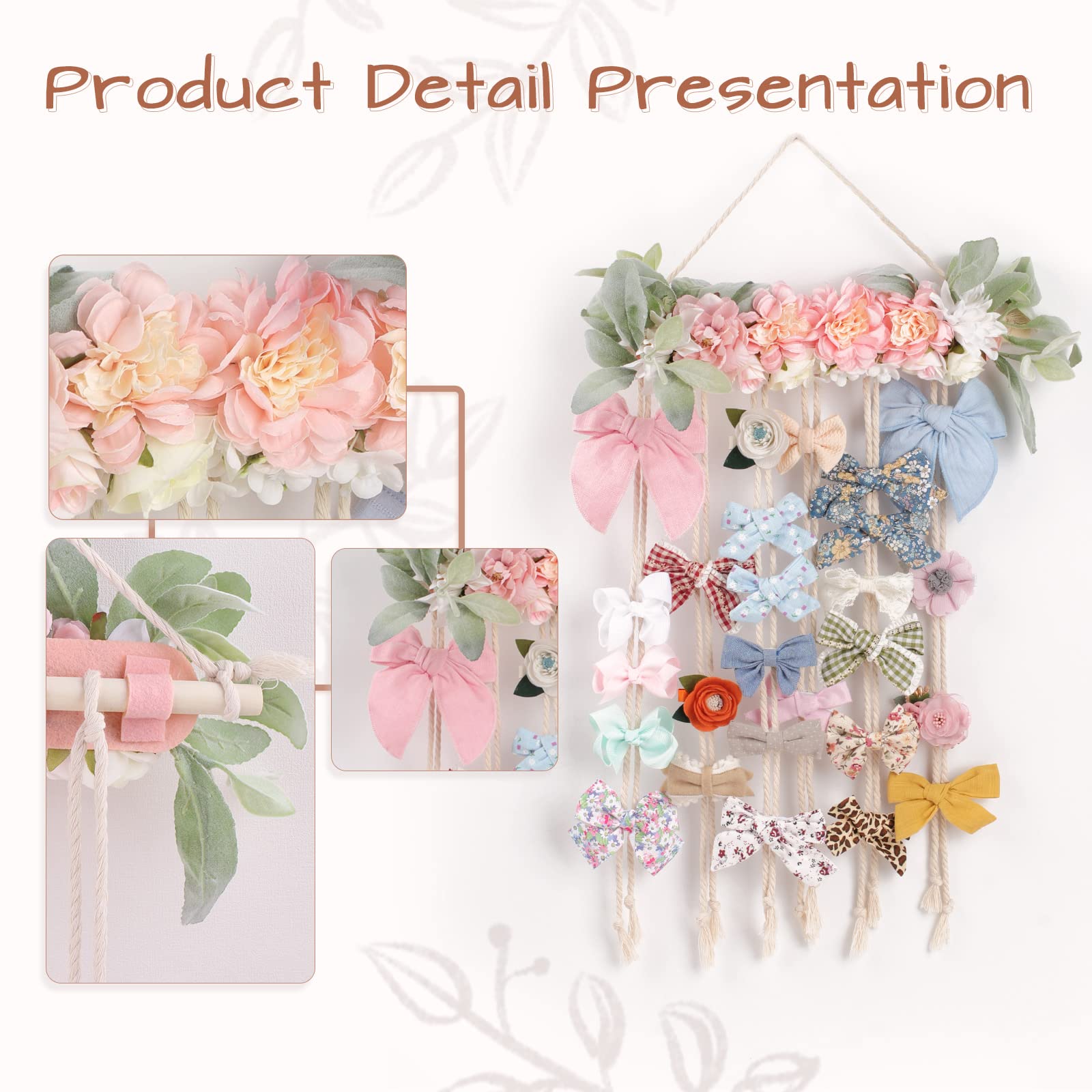 POVETIRE Bow Holder for Girls Hair Bows - Wall Mounted Hair Accessory Organizer for Baby Headbands, Clips & Ribbons - Nursery Room Decor (Flower Design) - Perfect for Bedroom, Playroom & Baby Shower Gifts