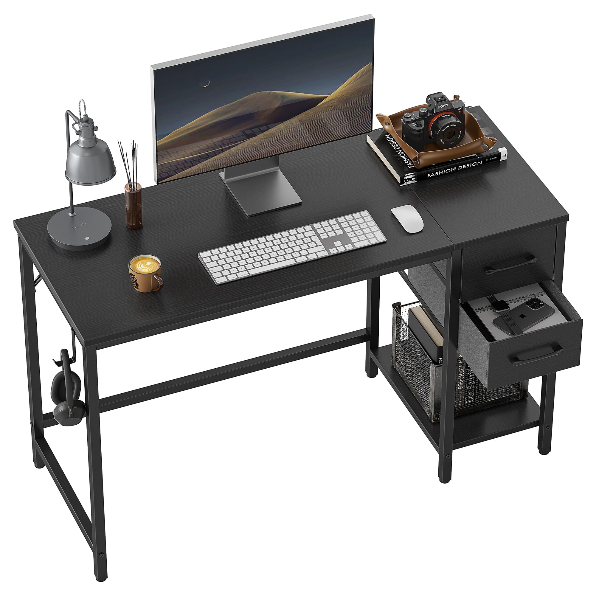 Cubiker 47 Inch Modern Home Office Desk with Drawers - Compact Computer Desk for Small Spaces, Study Writing Table, Black - Perfect for Home Office, Gaming Setup & Dorm Room Workspace