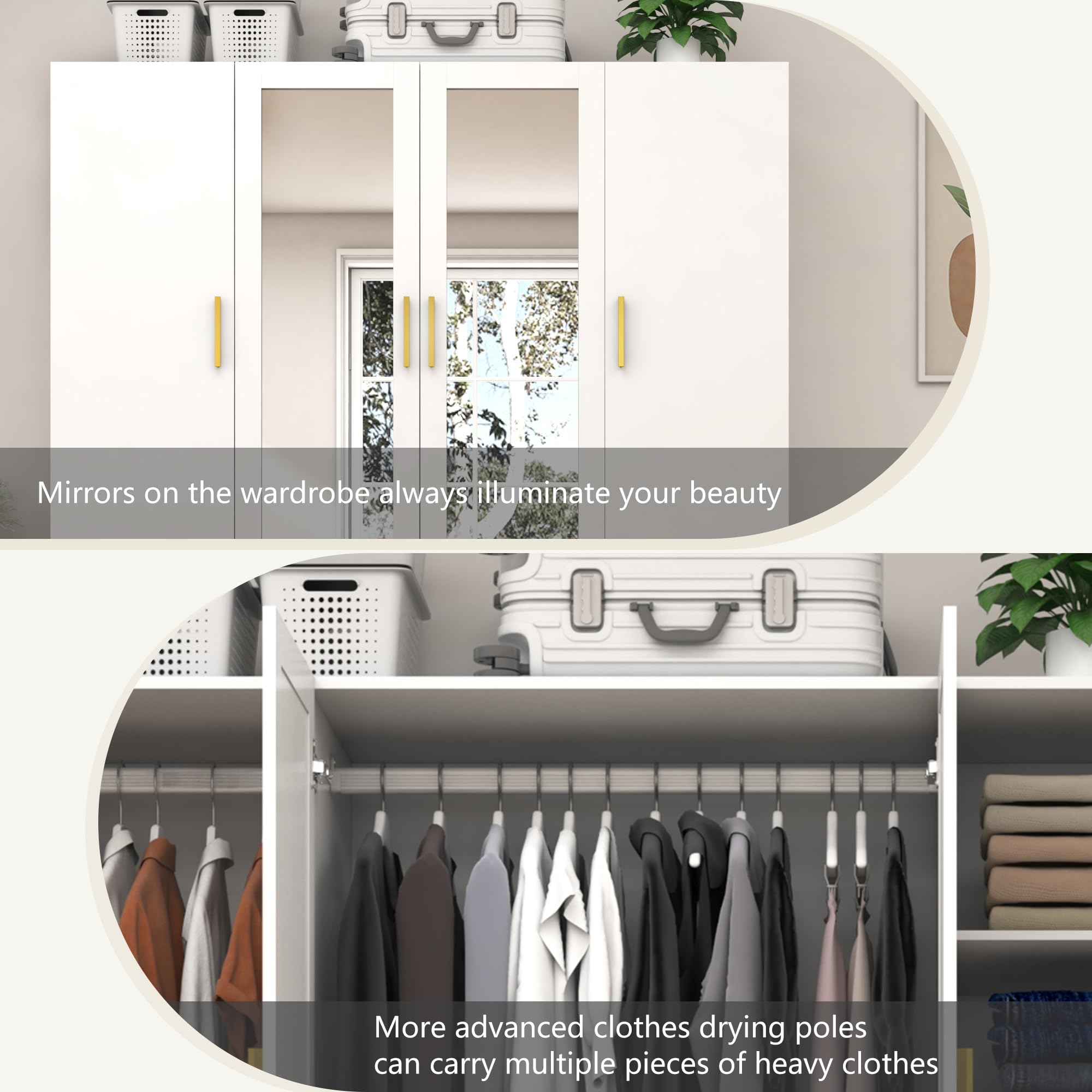 Modern White 4-Door Wardrobe Closet with Mirrors, LED Lights, Drawers & Shelves - Wooden Bedroom Armoire with Hanging Rod | Perfect for Master Bedroom, Guest Room & Dorm Organization